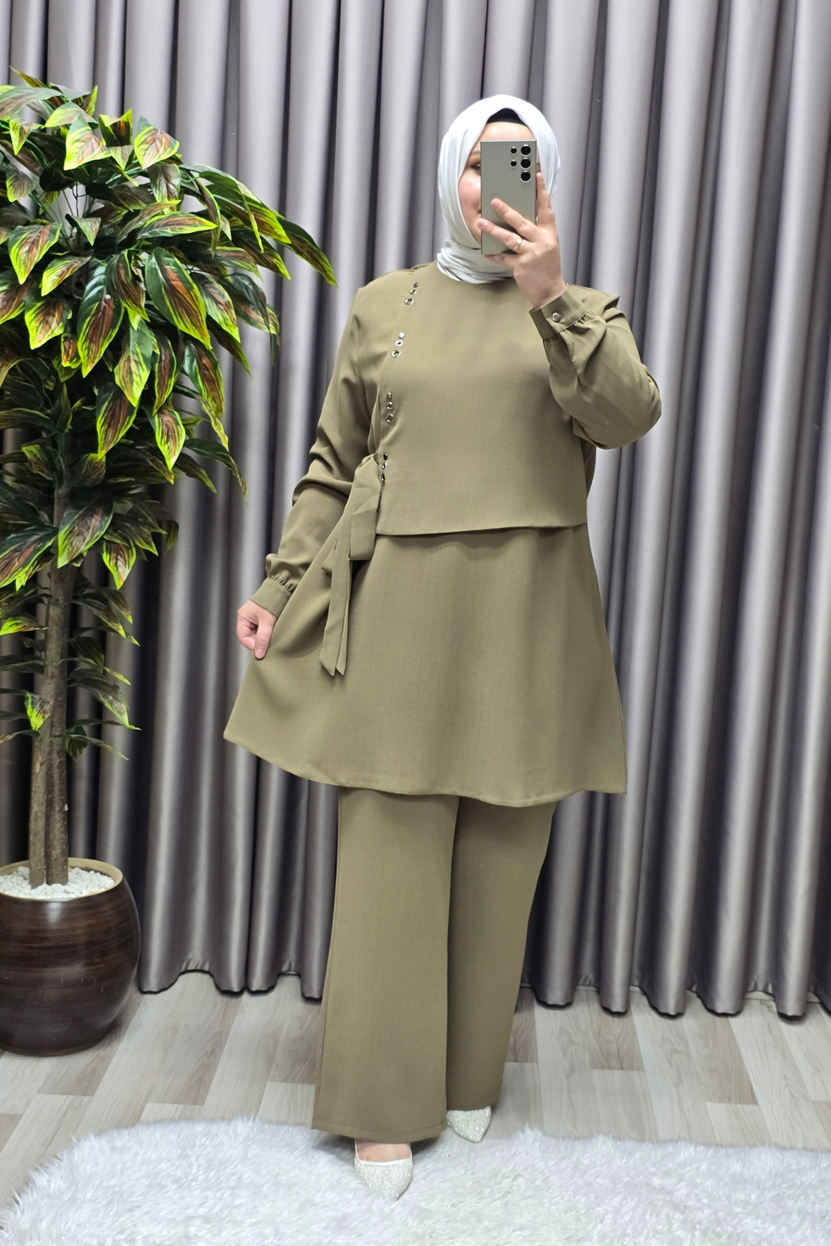 Kadın Giyim Büyük Beden Kuş Gözü Modeli Çilek Kumaş İkili Takım