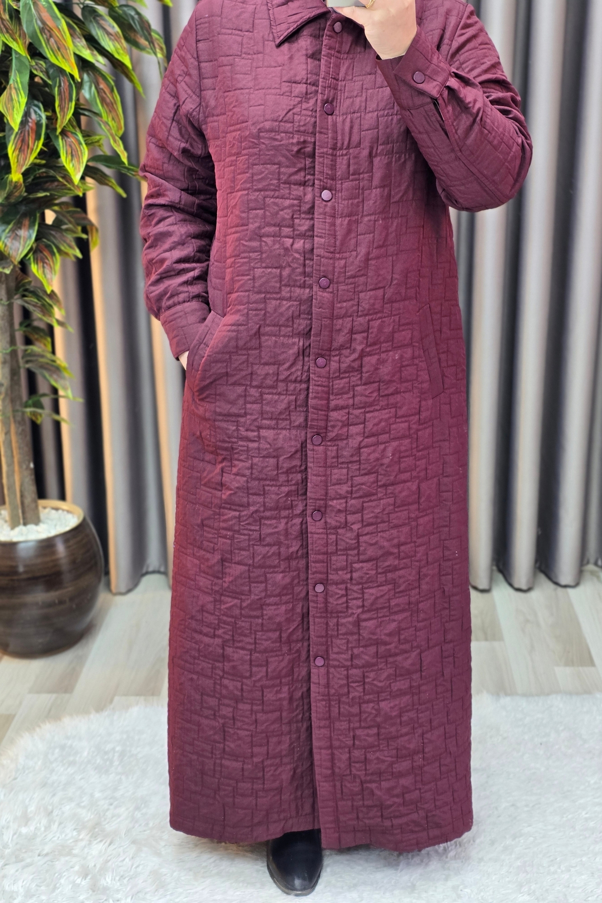 Kadın Giyim Büyük Beden Kapitone Tam Boy Manşet Kol Çıtçıtlı Kap