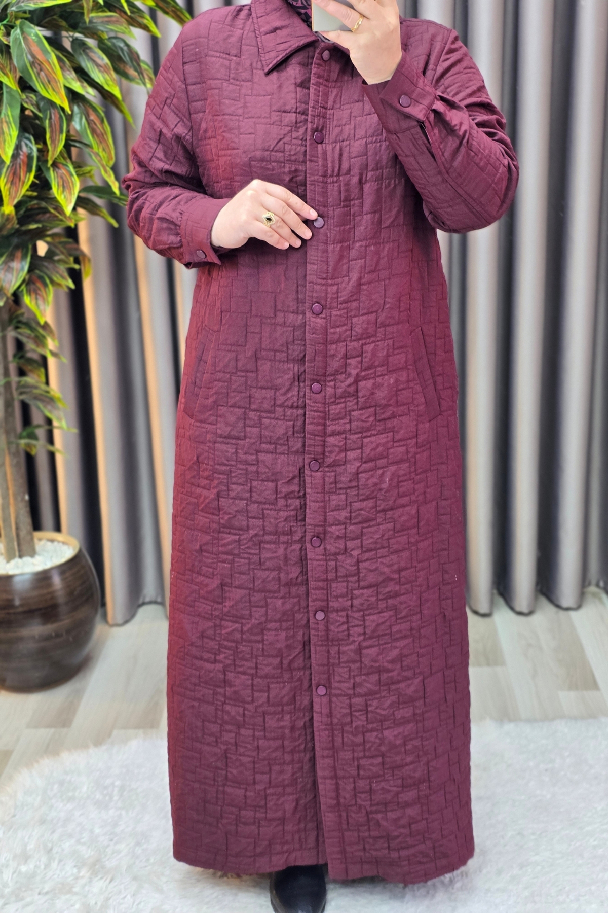 Kadın Giyim Büyük Beden Kapitone Tam Boy Manşet Kol Çıtçıtlı Kap