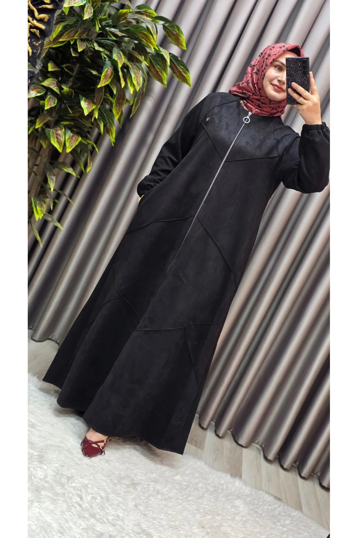 Kadın Giyim Büyük Beden Tam Boy Baklava Desenli Uzun Süet Pardesü