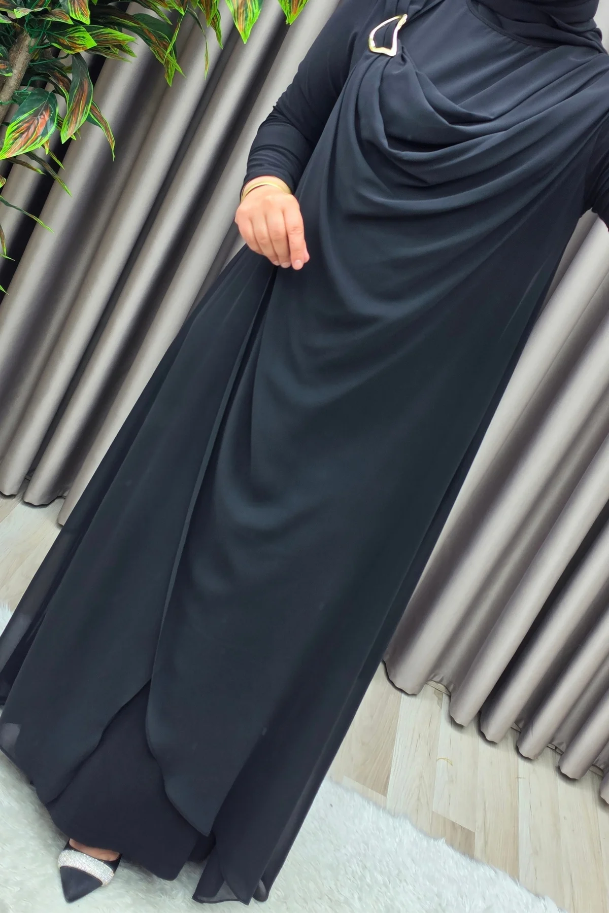 Kadın Giyim Büyük Beden Tokalı Şifon Sandy Kumaş Abaya