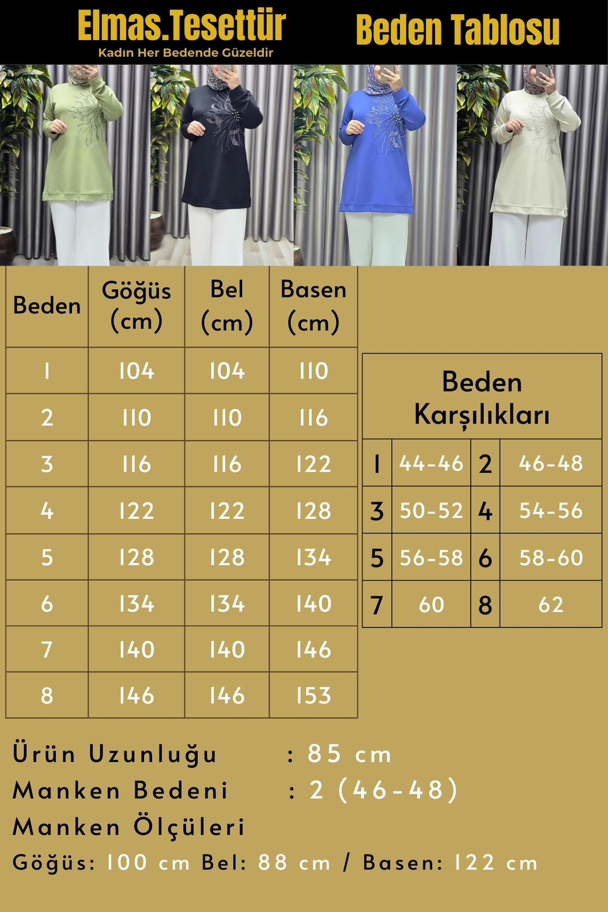 Elmas Tesettür Kadın Giyim Büyük Beden Modal Taşlı Çiçekli Tunik