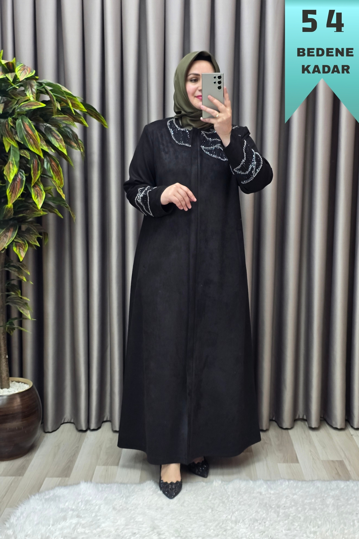 Kadın Giyim Büyük Beden Süet Tam Boy İstiridye Taşlı Pardesü