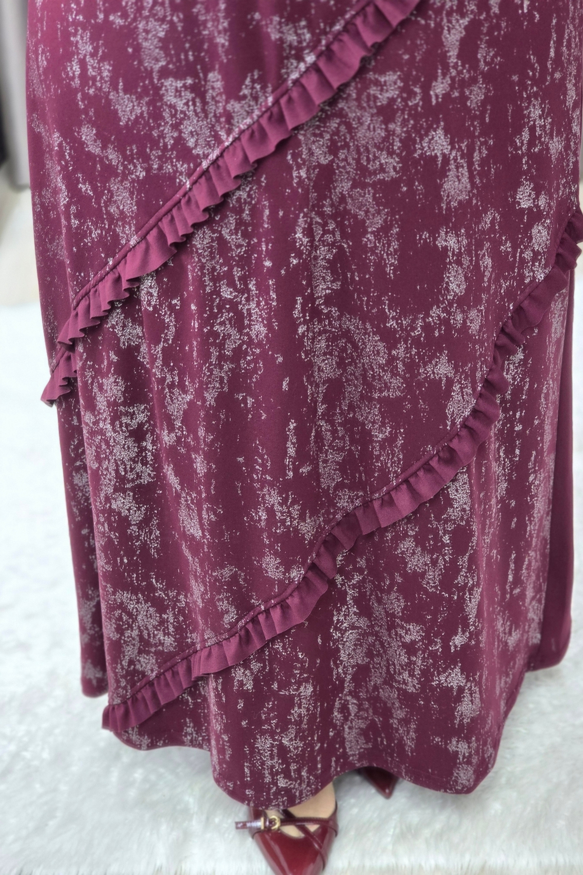 Kadın Giyim Büyük Beden Reglan Kol Önü Fırfırlı Kendinden Desenli