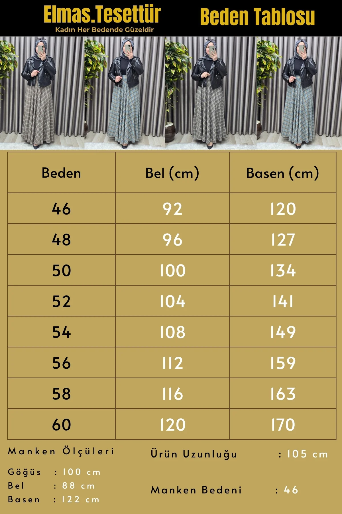 Kadın Giyim Büyük Beden Ekose Yandan Fermuarlı Etek