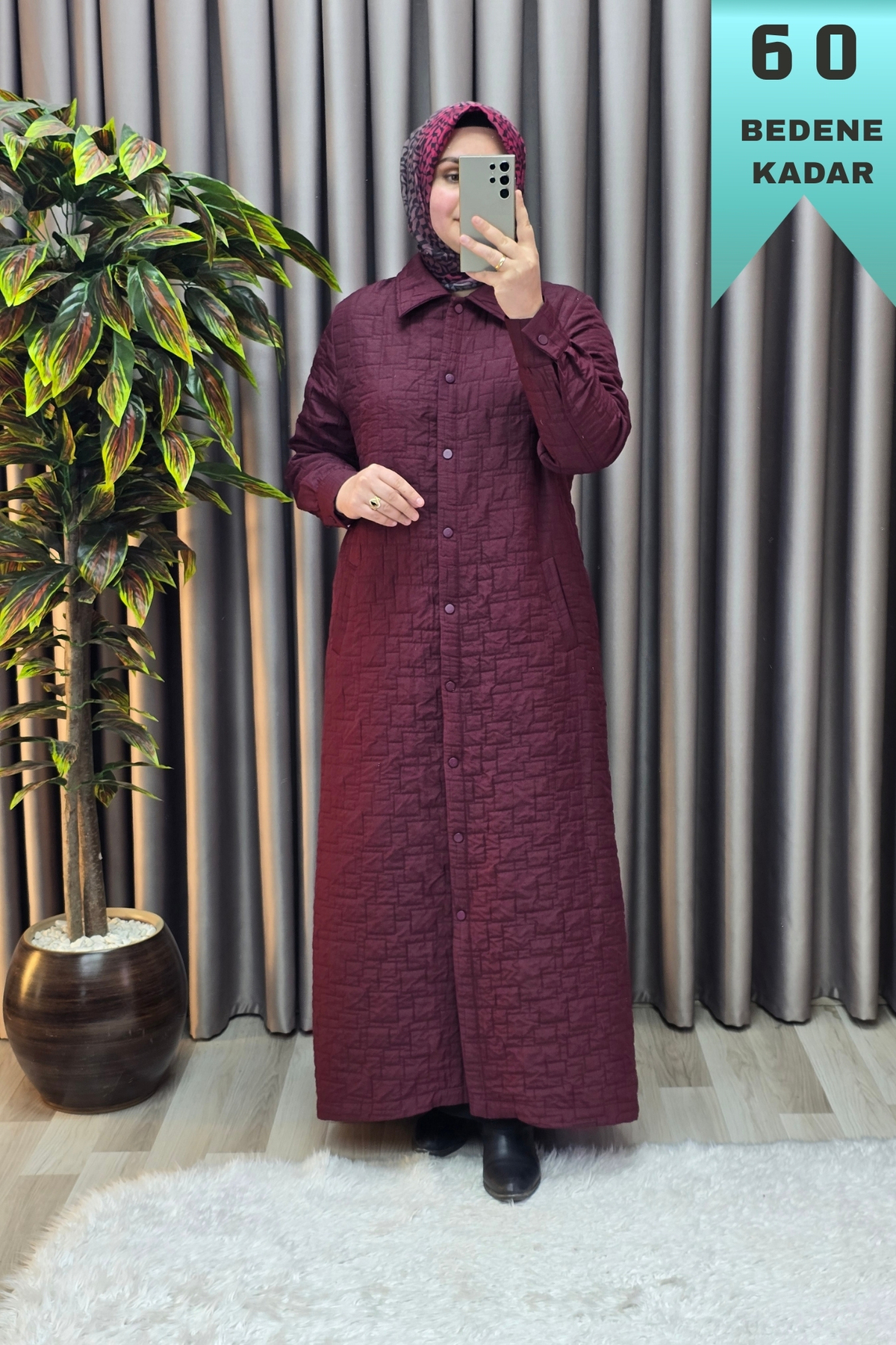 Kadın Giyim Büyük Beden Kapitone Tam Boy Manşet Kol Çıtçıtlı Kap