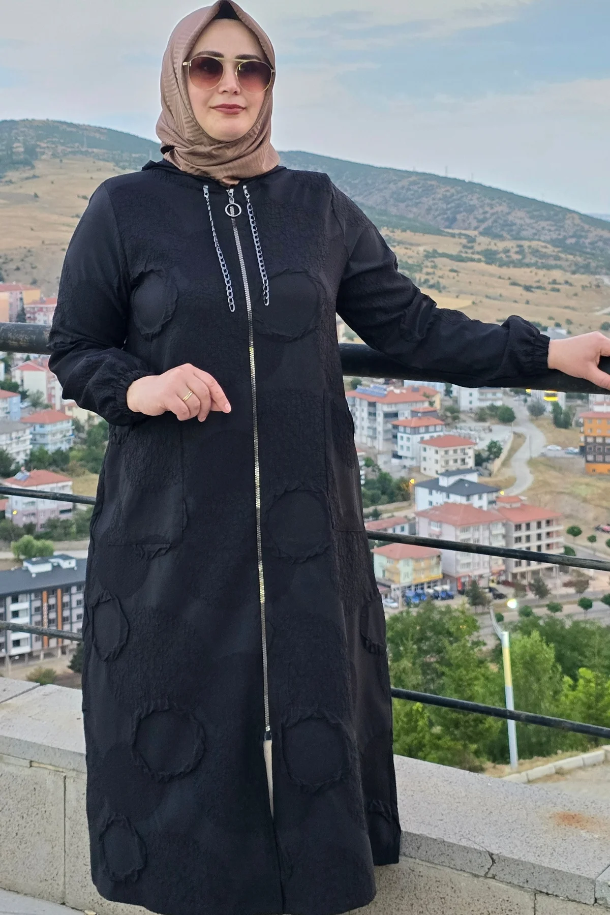 Kadın Giyim Büyük Beden Halka Kabartma Baskılı Jakarlı Kapşonlu Torba Cepli Kap - Görsel 6
