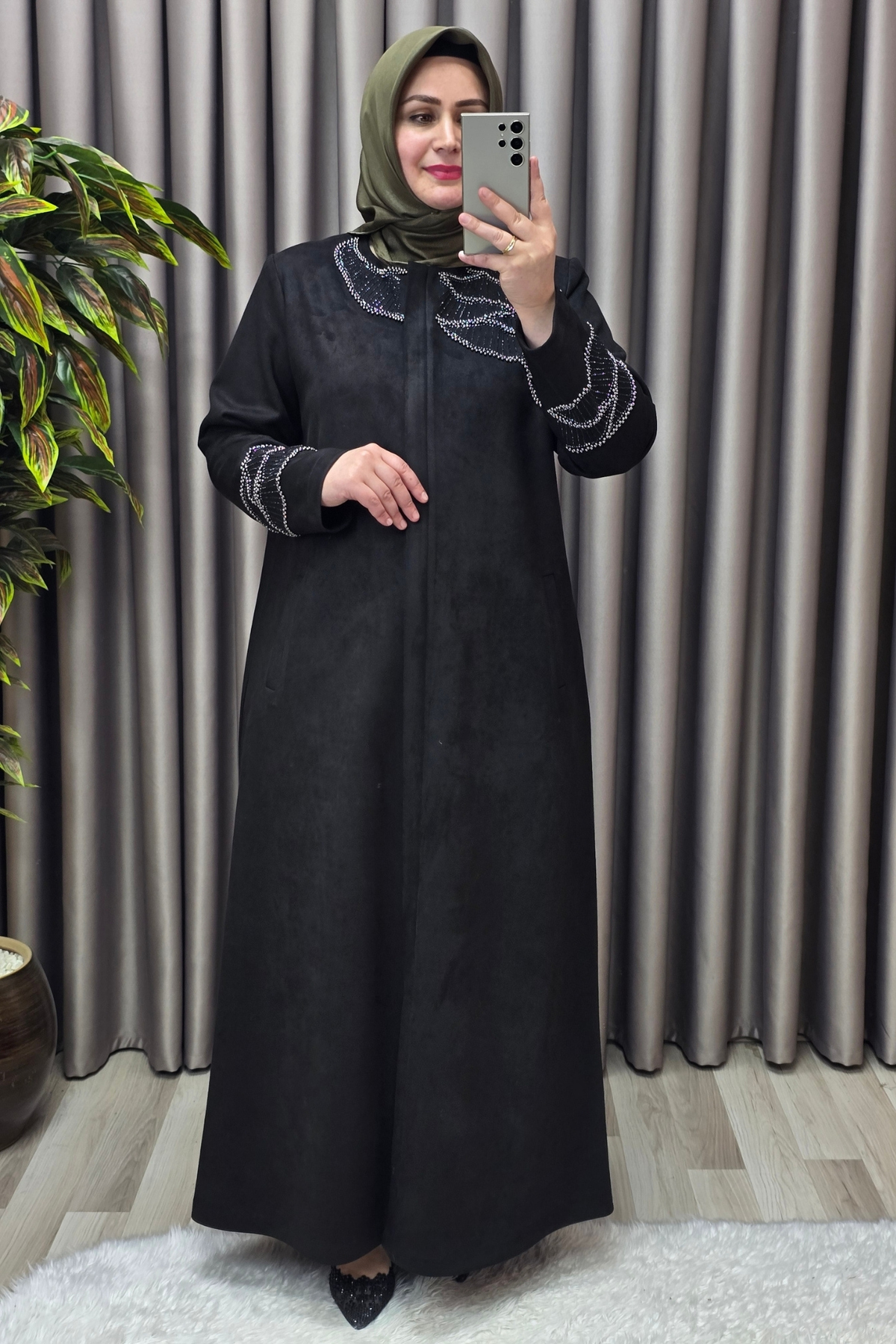 Kadın Giyim Büyük Beden Süet Tam Boy İstiridye Taşlı Pardesü