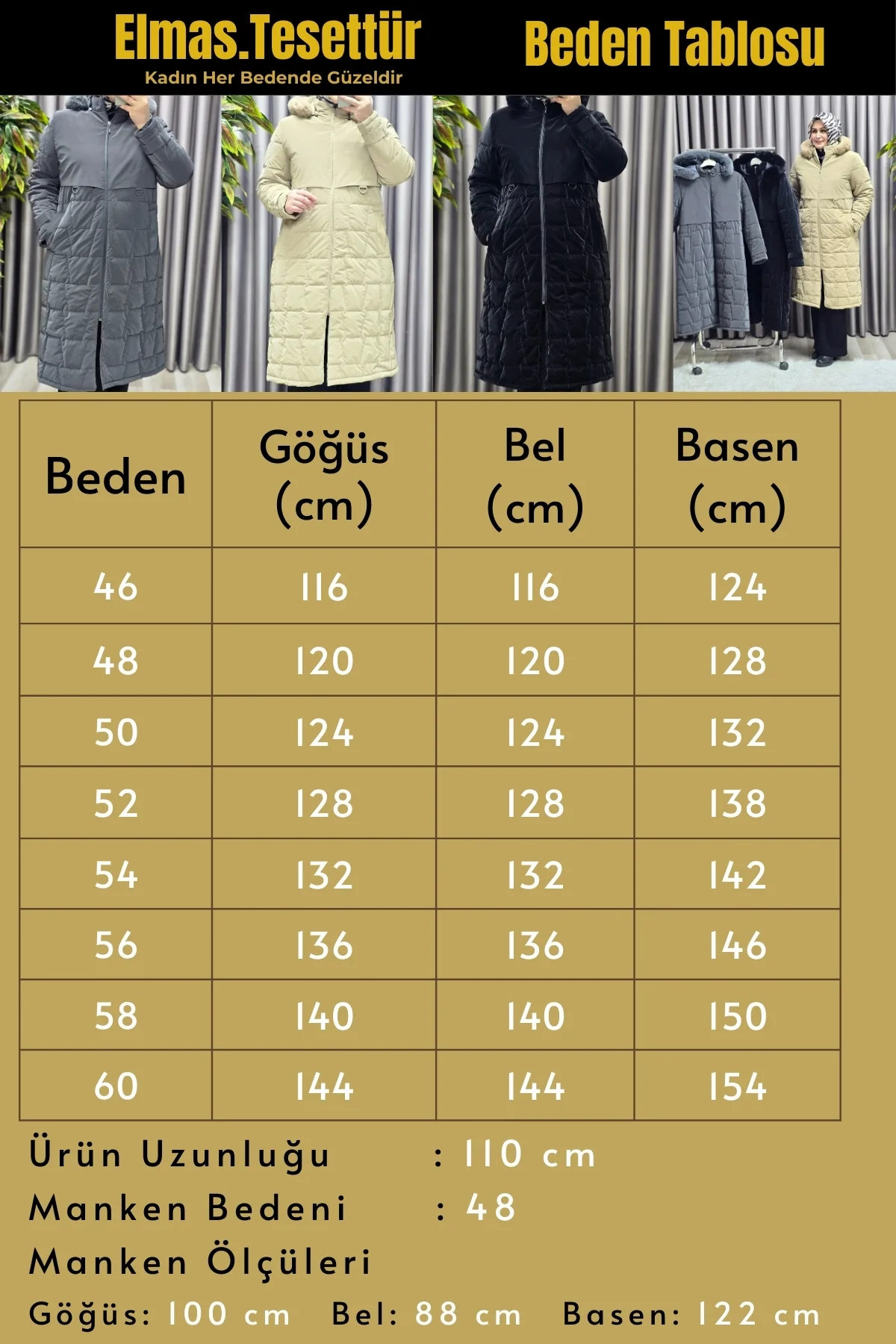 Kadın Giyim Büyük Beden Fransız Boy Nova Kumaş Kapitone Desenli Kapüşonlu Kürklü Kışlık Uzun Şişme M