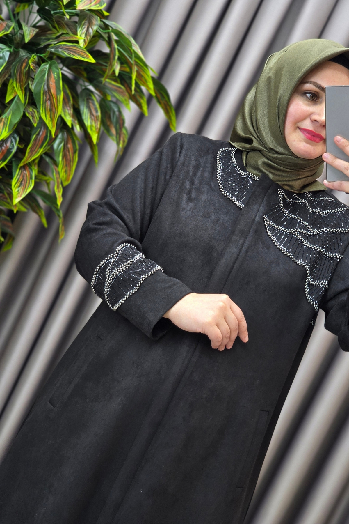 Kadın Giyim Büyük Beden Süet Tam Boy İstiridye Taşlı Pardesü