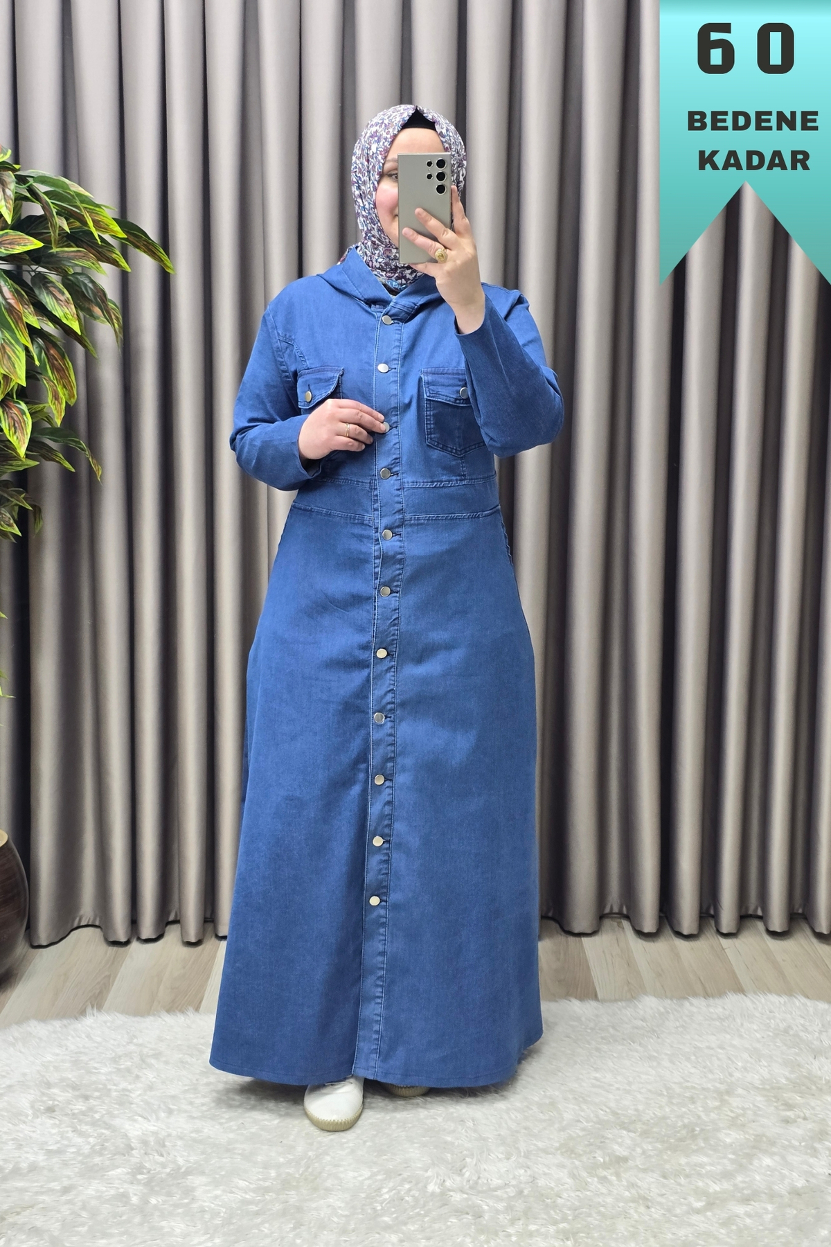 Kadın Giyim Büyük Beden Düğmeli Kapşonlu Tam Boy Kot Elbise