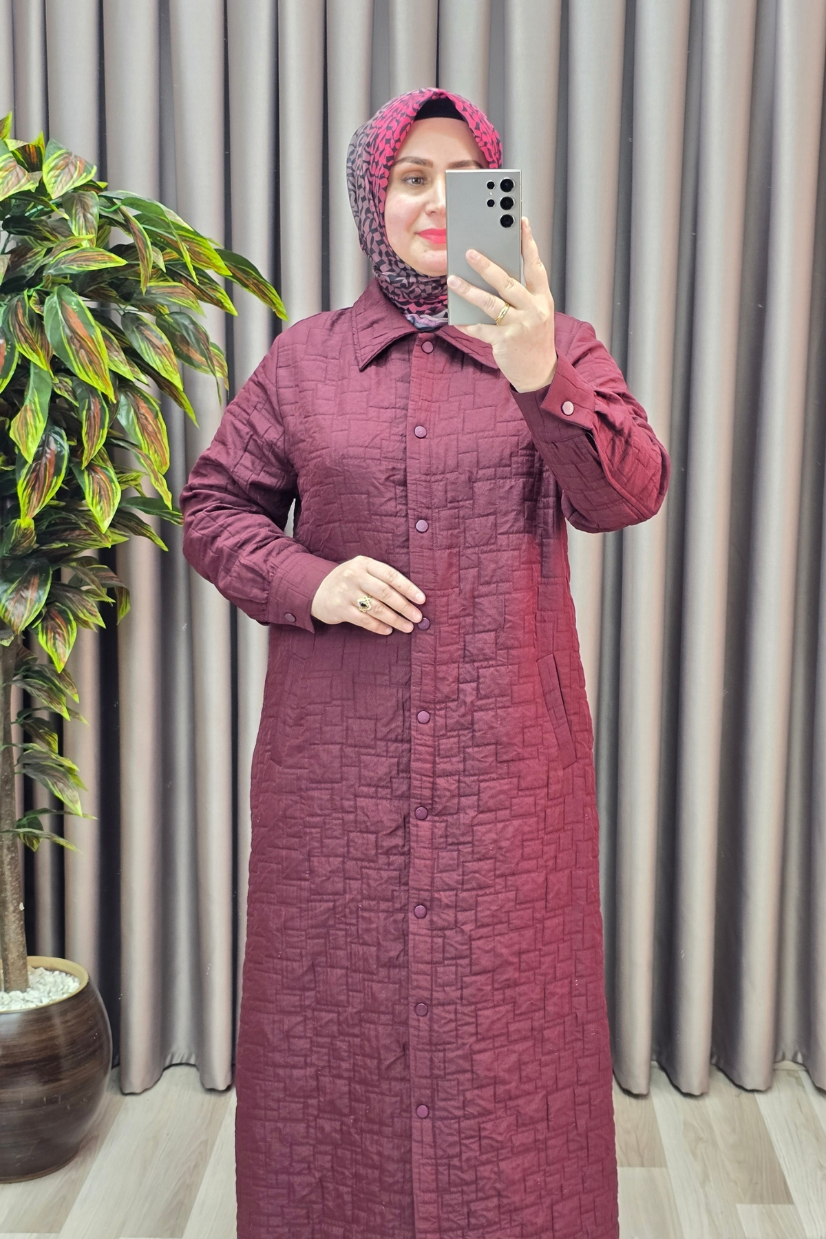 Kadın Giyim Büyük Beden Kapitone Tam Boy Manşet Kol Çıtçıtlı Kap