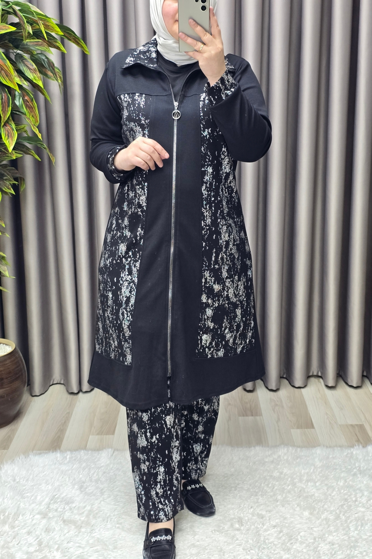 Kadın Giyim Büyük Beden Modal Tesettür Uzun Üçlü Simli Takım