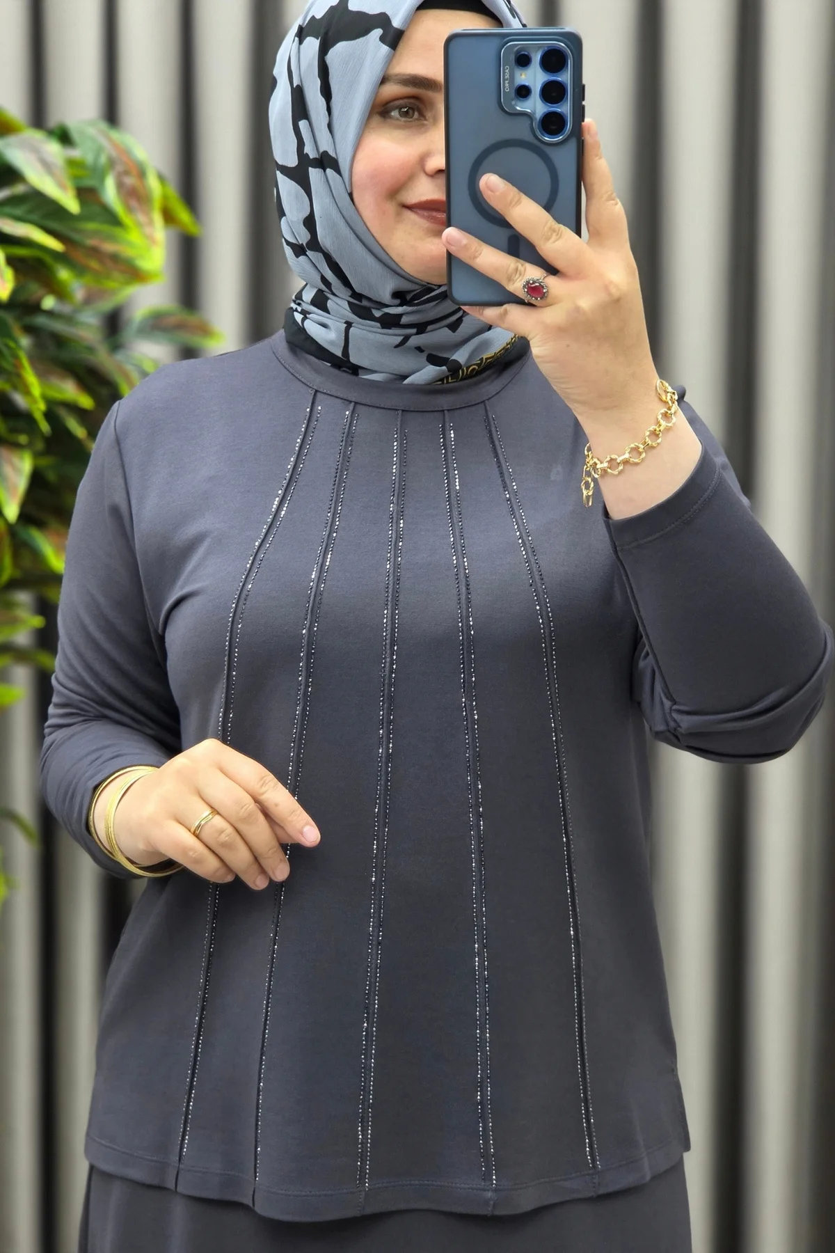 Kadın Giyim Büyük Beden Beş Şerit Taşlı Mevlana Etekli İkili Takım - Görsel 2