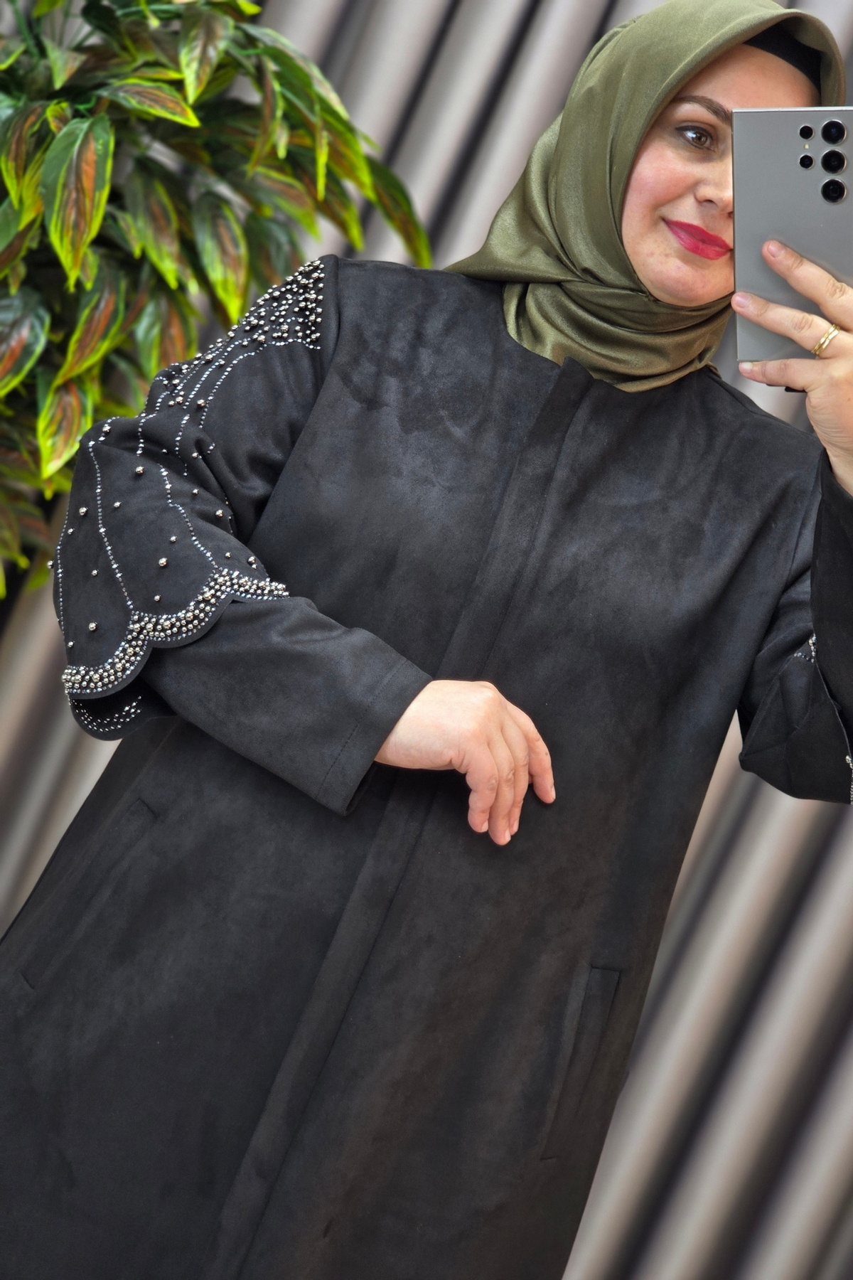 Kadın Giyim Büyük Beden Süet Tam Boy Kolu Taşlı Bolerolu Pardesü