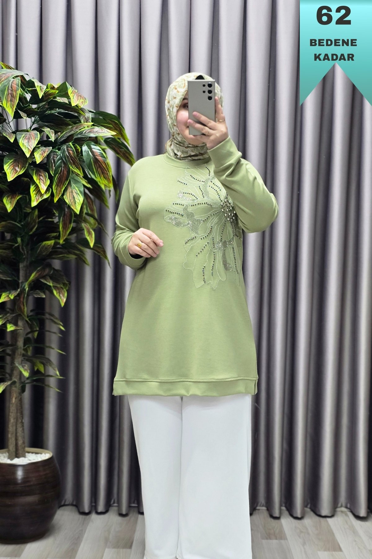 Elmas Tesettür Kadın Giyim Büyük Beden Modal Taşlı Çiçekli Tunik