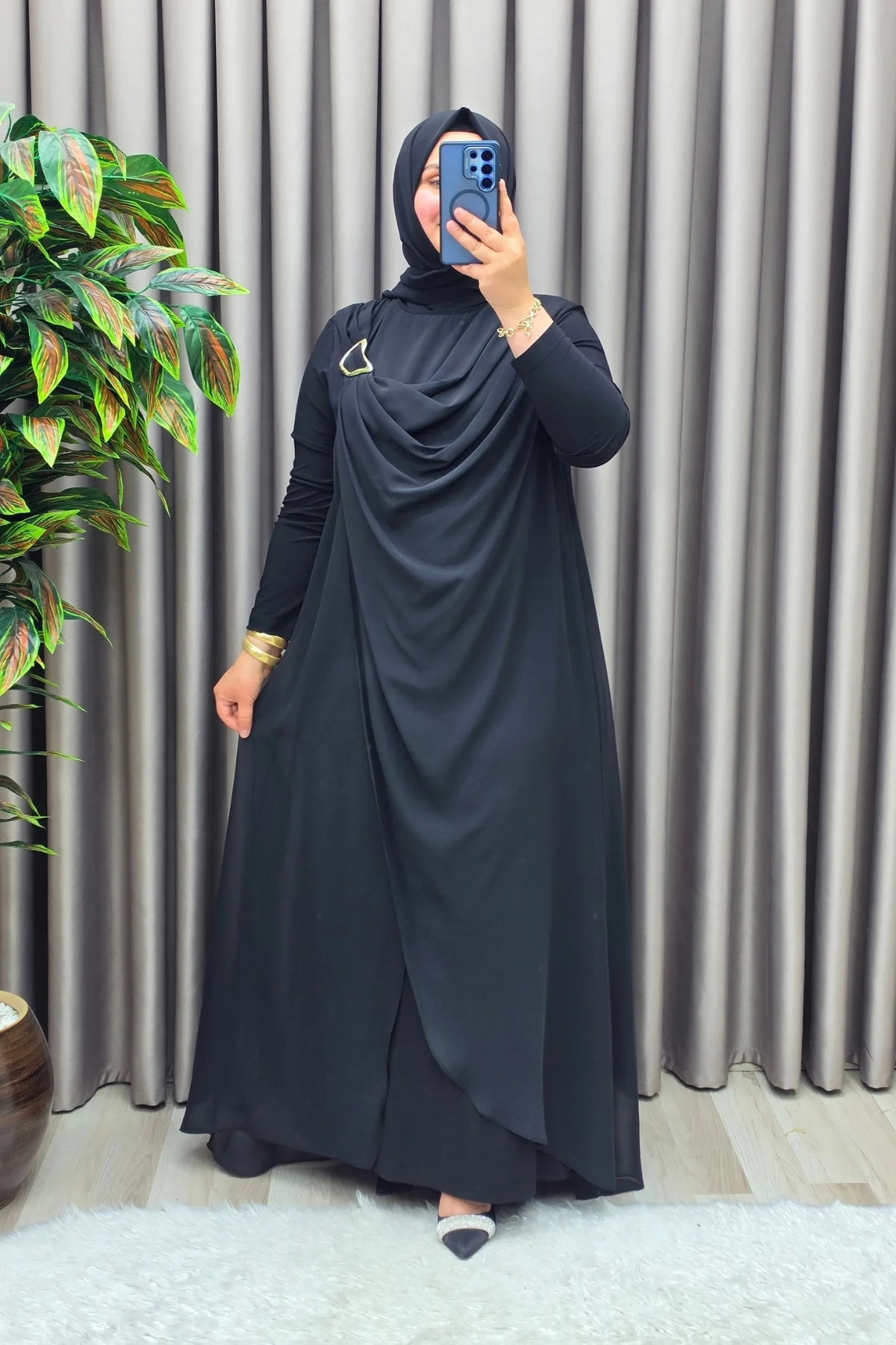 Kadın Giyim Büyük Beden Tokalı Şifon Sandy Kumaş Abaya