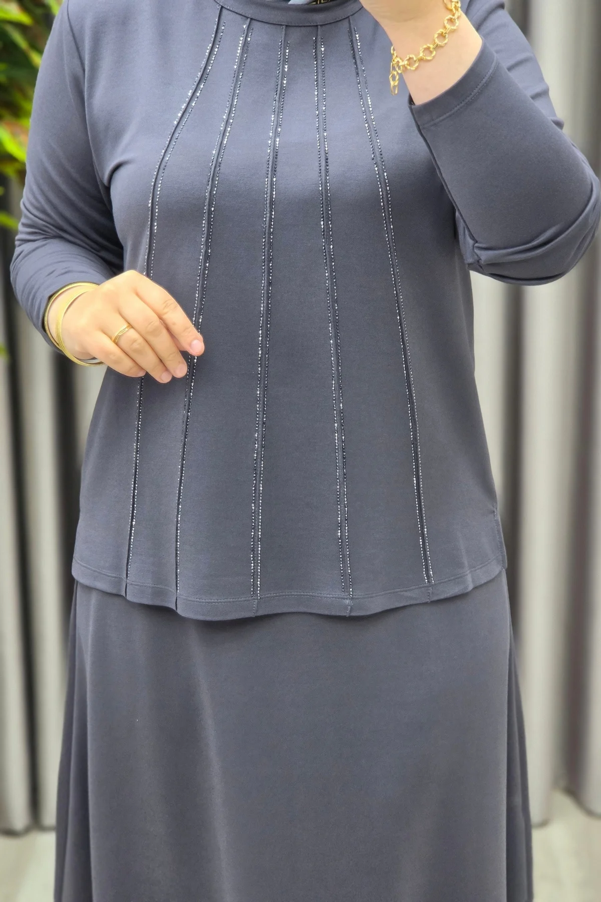Kadın Giyim Büyük Beden Beş Şerit Taşlı Mevlana Etekli İkili Takım - Görsel 4