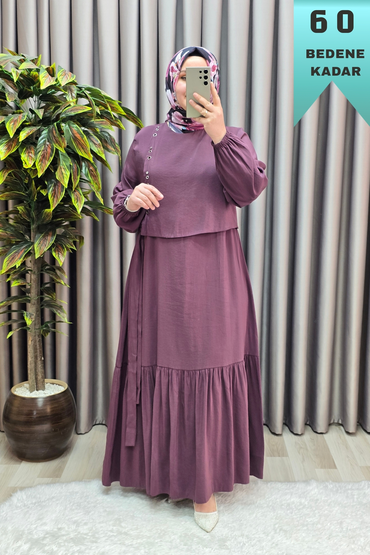 Kadın Giyim Büyük Beden Cubra Kumaş Kuş Gözü Model Boydan Elbise