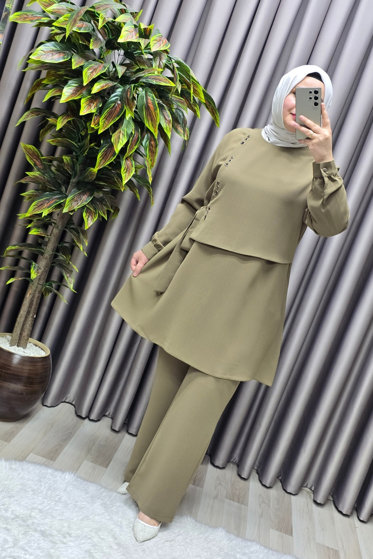 Kadın Giyim Büyük Beden Kuş Gözü Modeli Çilek Kumaş İkili Takım