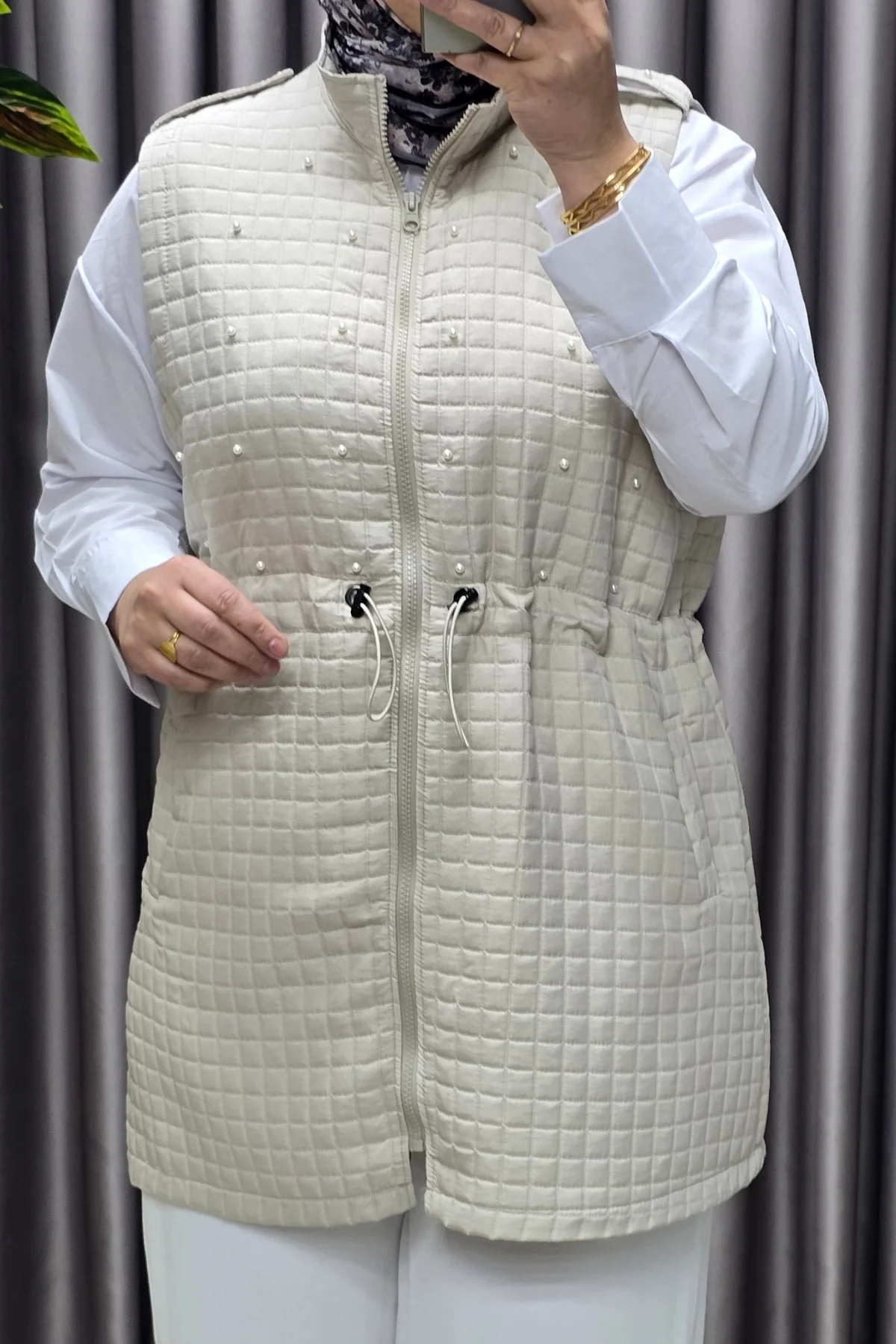 Kadın Giyim Büyük Beden İnci Detay Kapitone Yelek