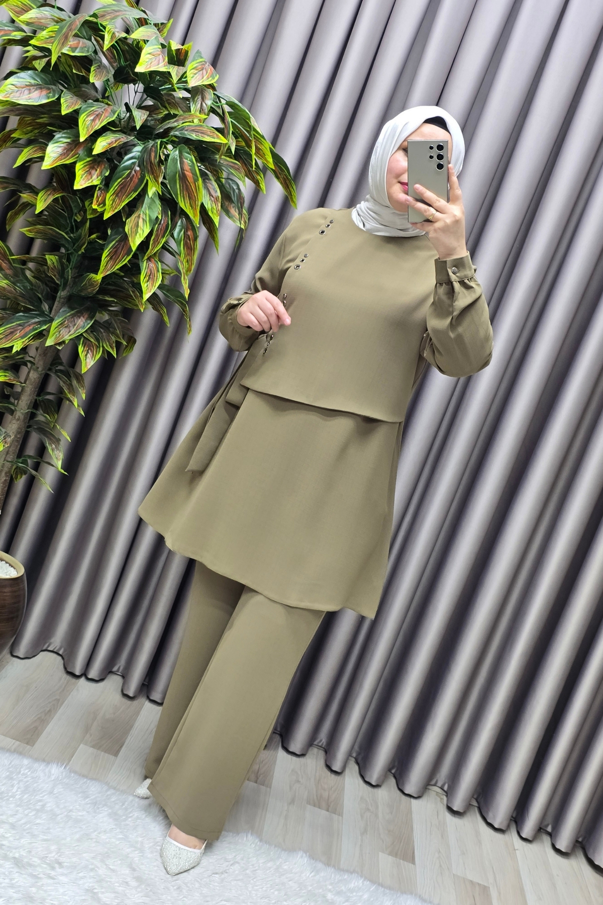 Kadın Giyim Büyük Beden Kuş Gözü Modeli Çilek Kumaş İkili Takım