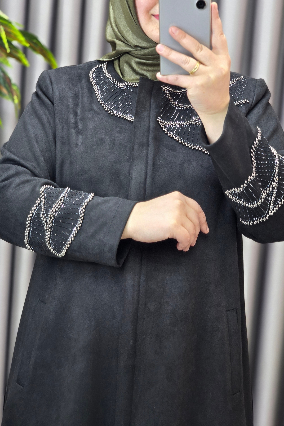 Kadın Giyim Büyük Beden Süet Tam Boy İstiridye Taşlı Pardesü