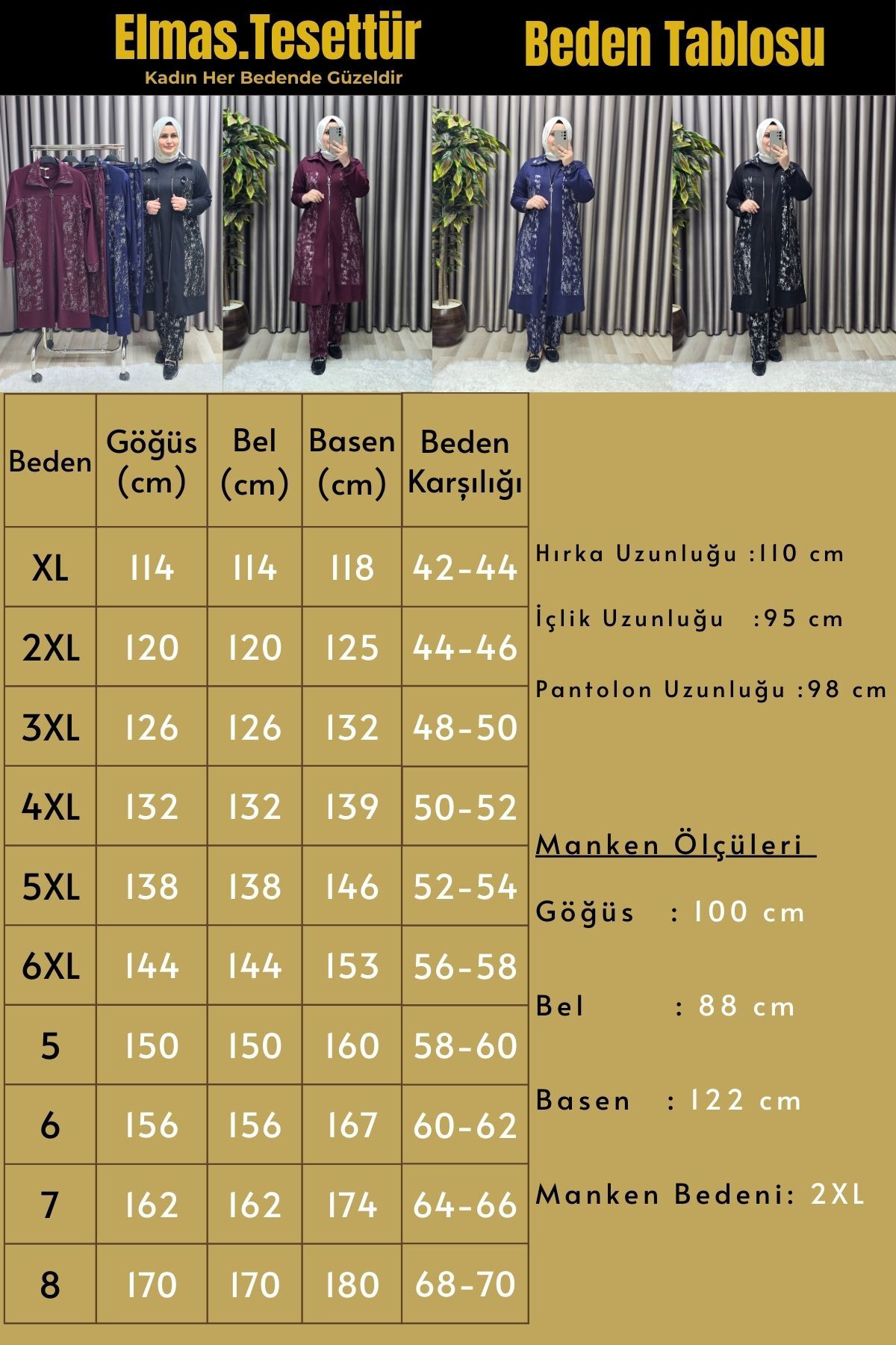 Kadın Giyim Büyük Beden Modal Tesettür Uzun Üçlü Simli Takım