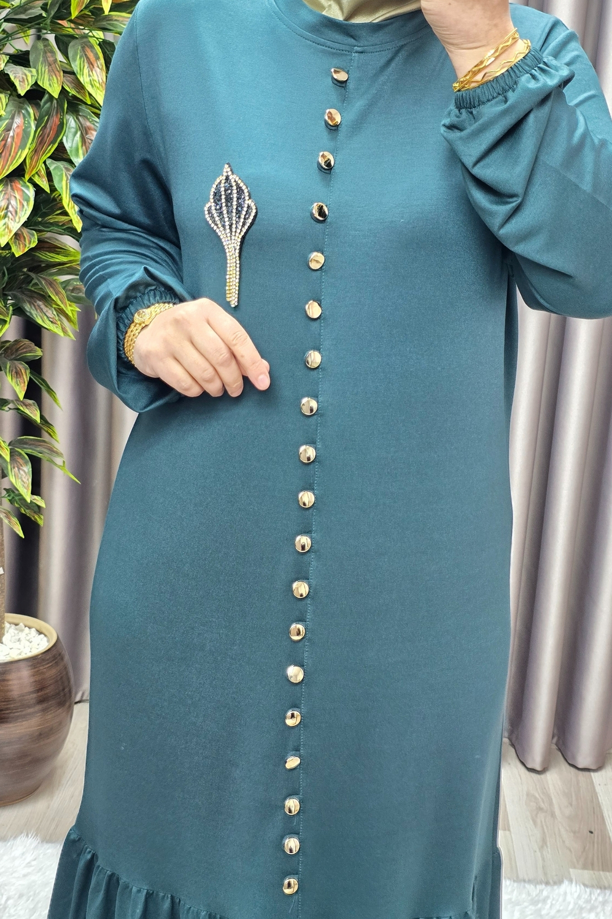 Kadın Giyim Büyük Beden Kristal Düğmeli Elbise