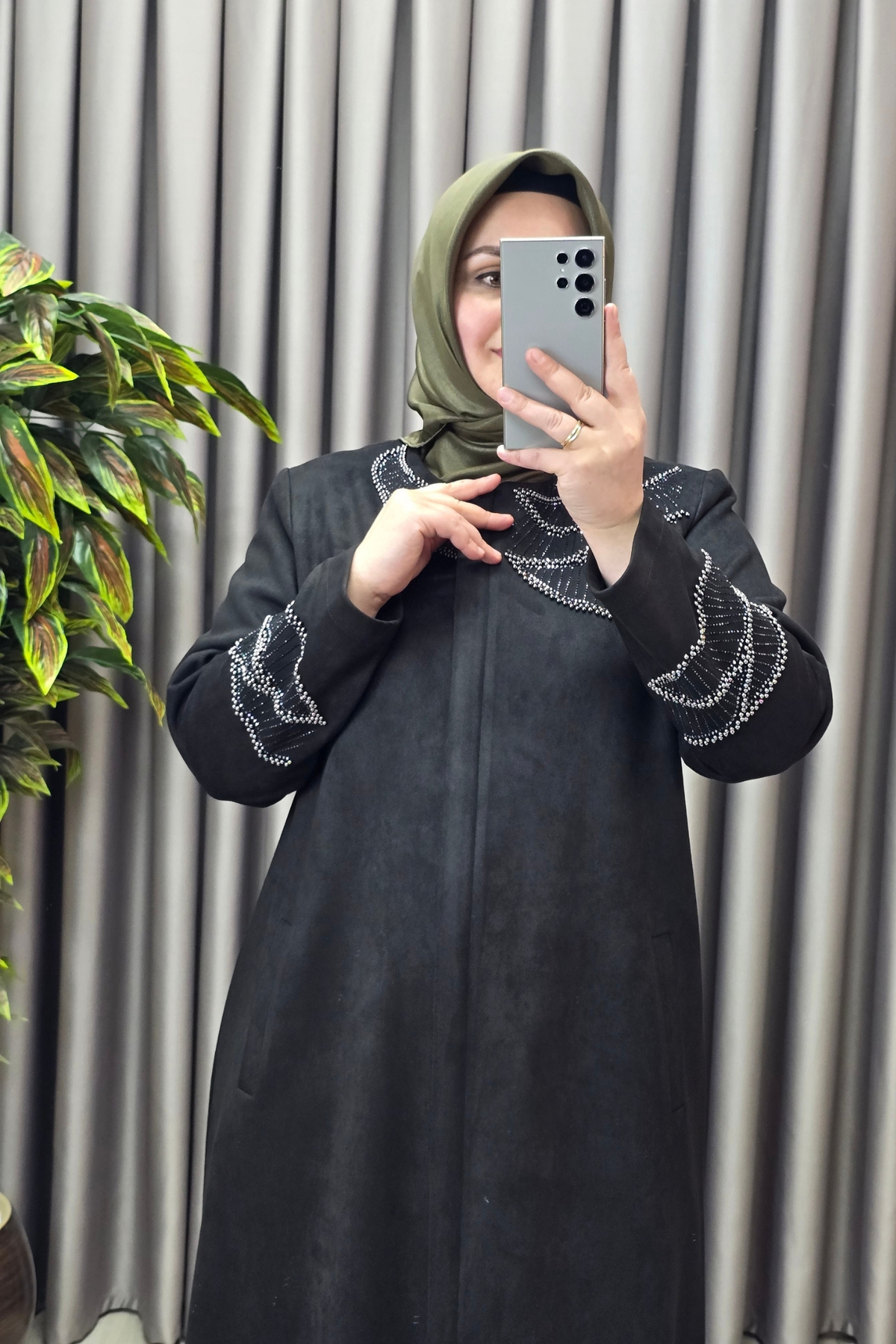 Kadın Giyim Büyük Beden Süet Tam Boy İstiridye Taşlı Pardesü