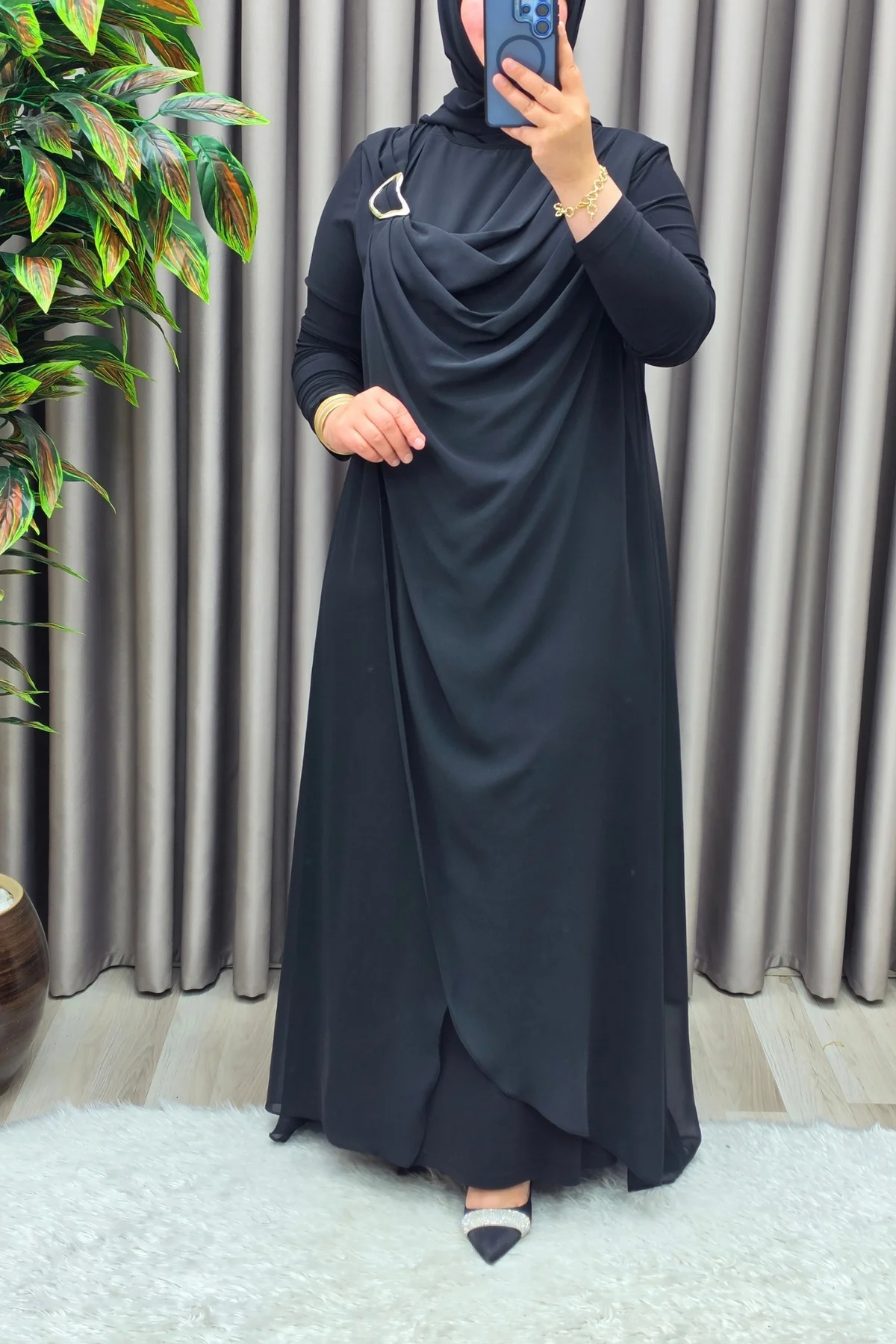 Kadın Giyim Büyük Beden Tokalı Şifon Sandy Kumaş Abaya