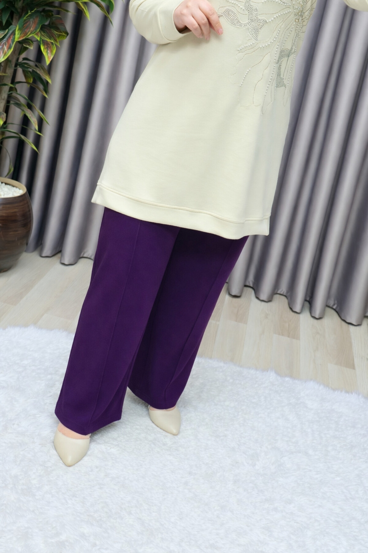 Kadın Giyim Büyük Beden Bol Paça Çimalı Cepli Astarlı Nergiz Pant