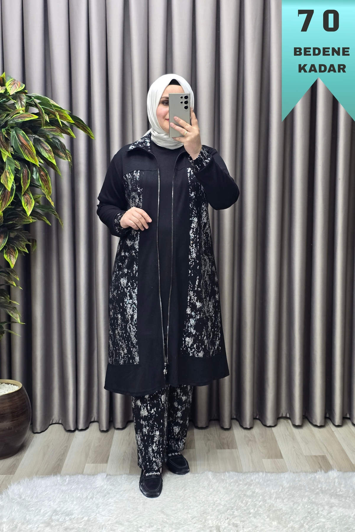 Kadın Giyim Büyük Beden Modal Tesettür Uzun Üçlü Simli Takım