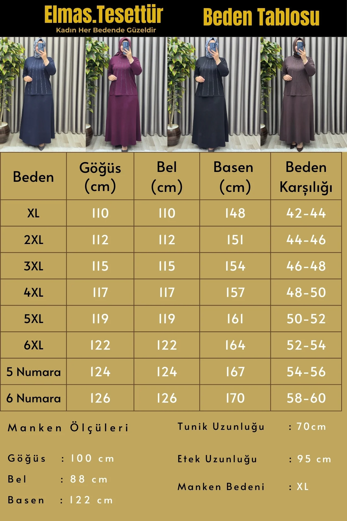 Kadın Giyim Büyük Beden Beş Şerit Taşlı Mevlana Etekli İkili Takım - Görsel 3