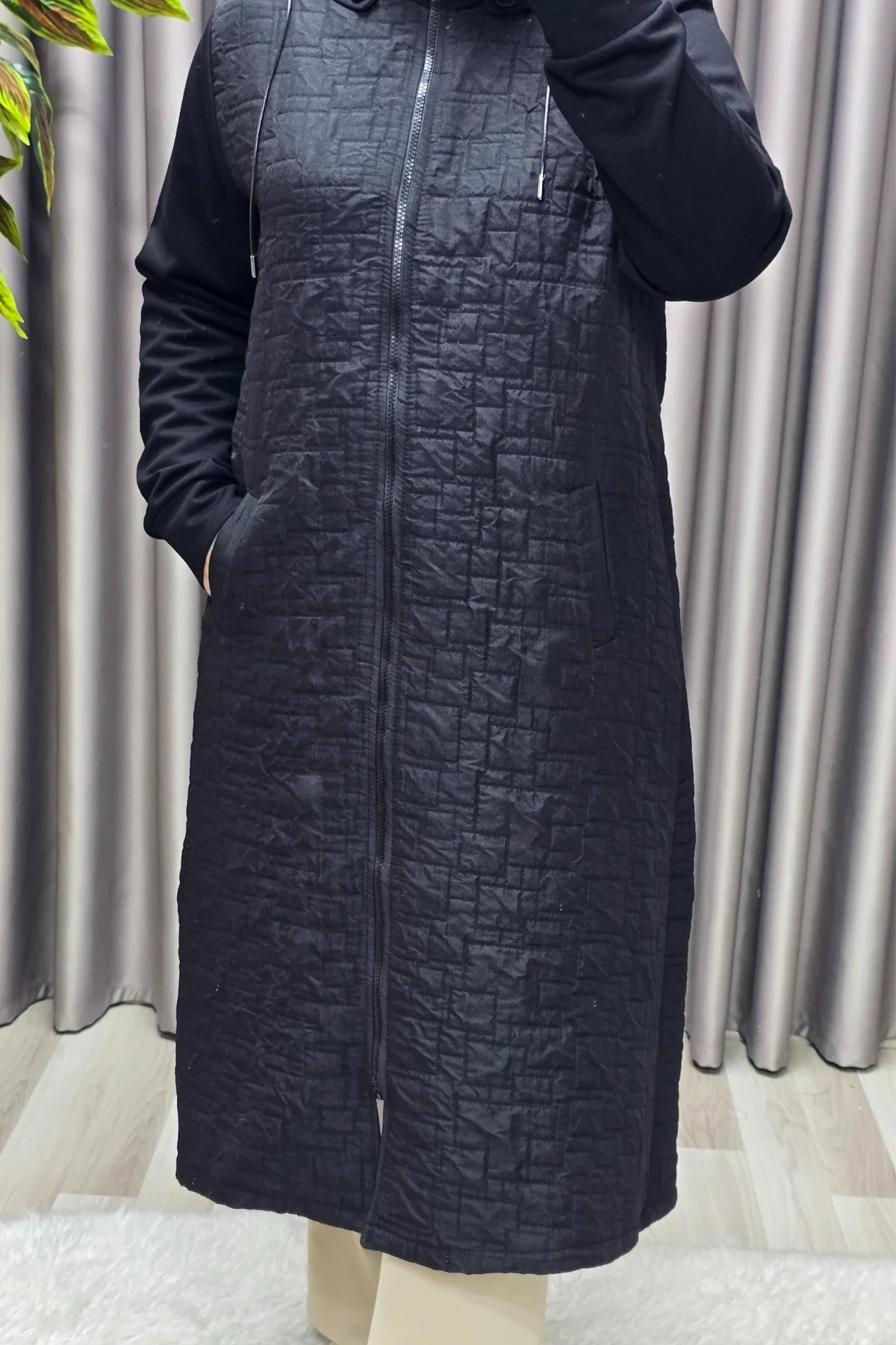 Kadın Giyim Büyük Beden Kapşonlu Polarlı Kapitone Kap