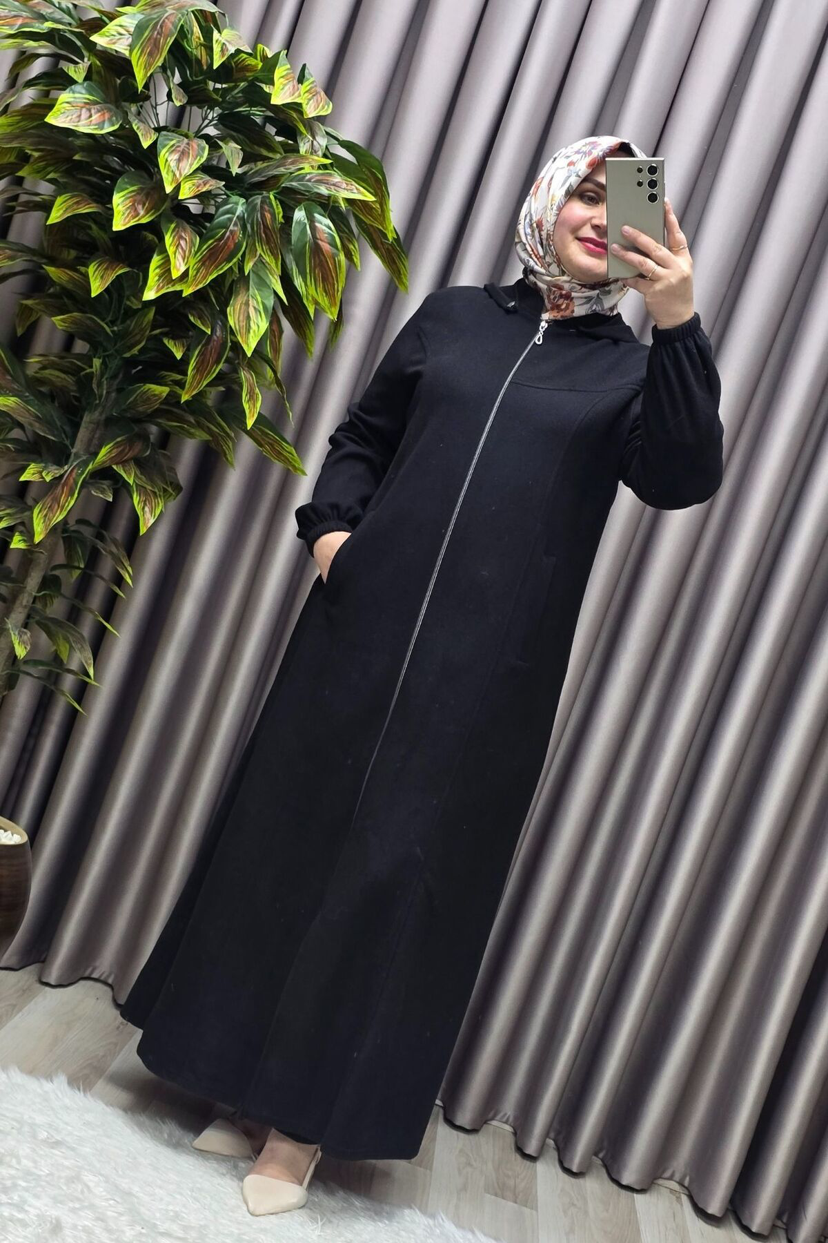 Kadın Giyim Büyük Beden Kapşonlu Yumuşak Kaşe Tam Boy Kaban