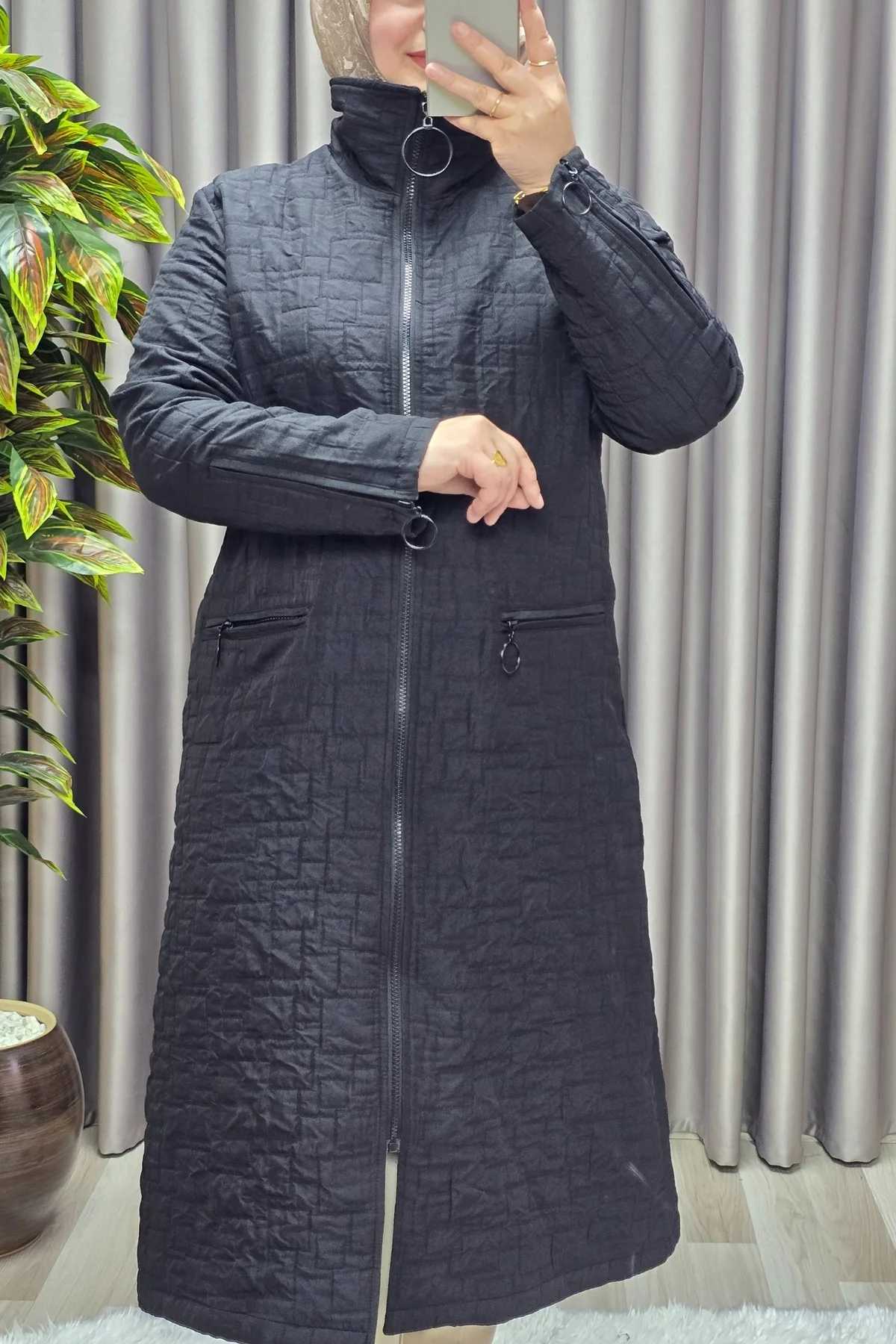 Kadın Giyim Büyük Beden Kapitone Kolu Fermuarlı Kap