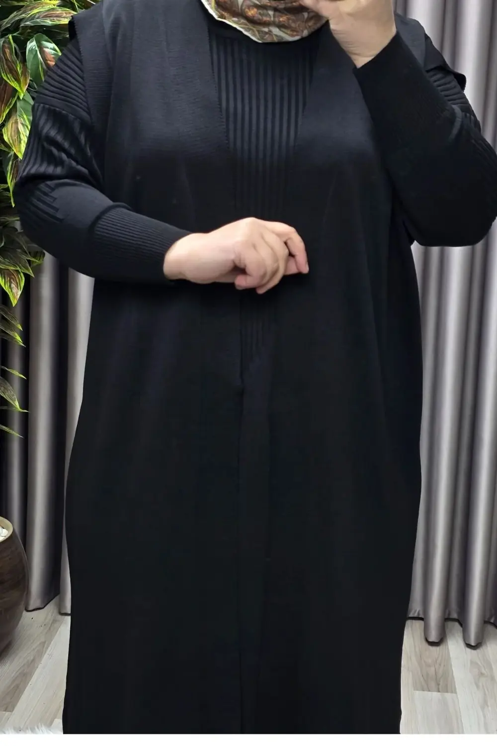 Kadın Giyim Büyük Beden 1 Soğuk Triko Yelekli Fitilli Elbiseli İk