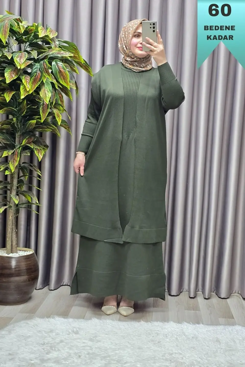 Kadın Giyim Büyük Beden 2 Soğuk Triko Yelekli Fitilli Elbiseli İk