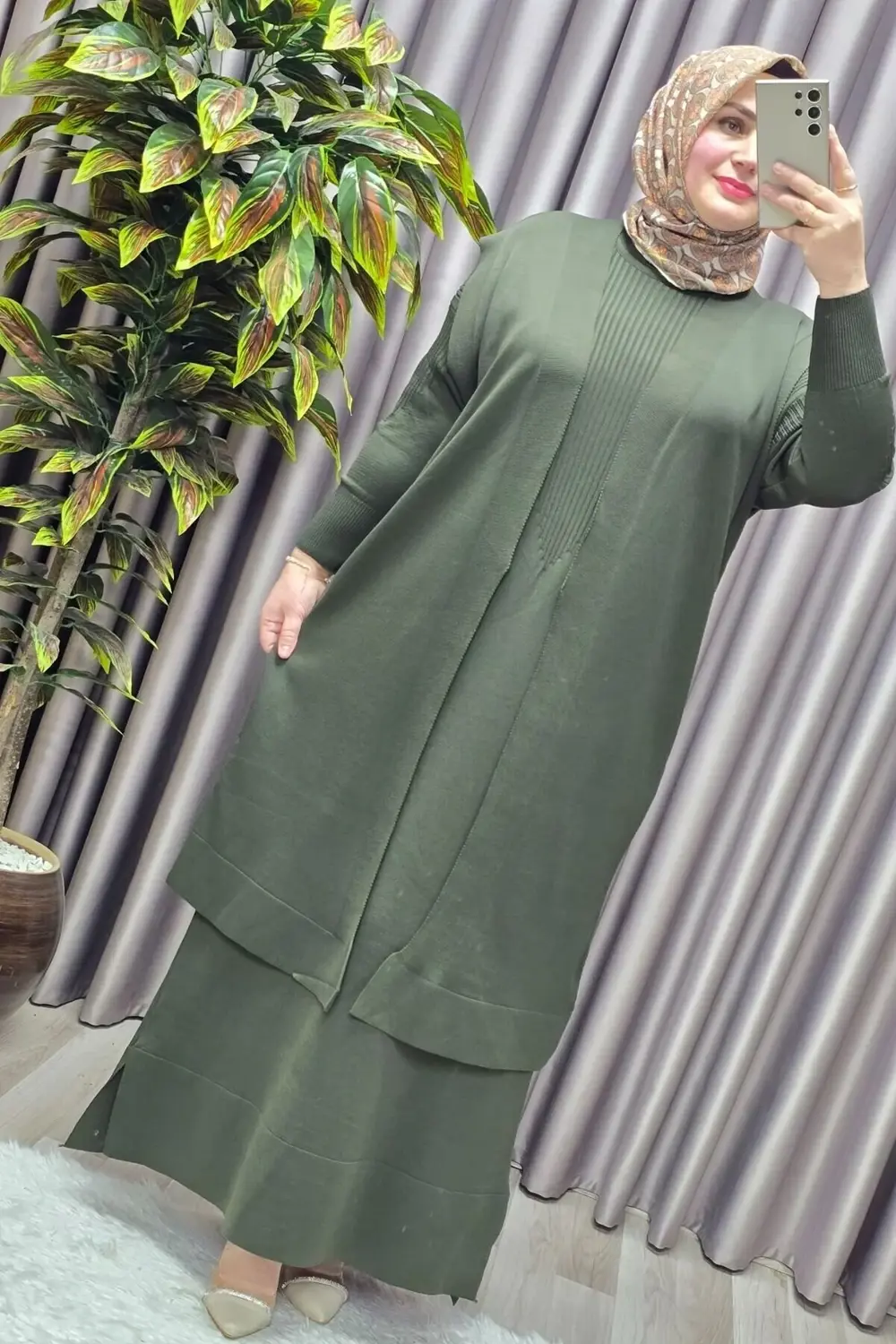 Kadın Giyim Büyük Beden 2 Soğuk Triko Yelekli Fitilli Elbiseli İk