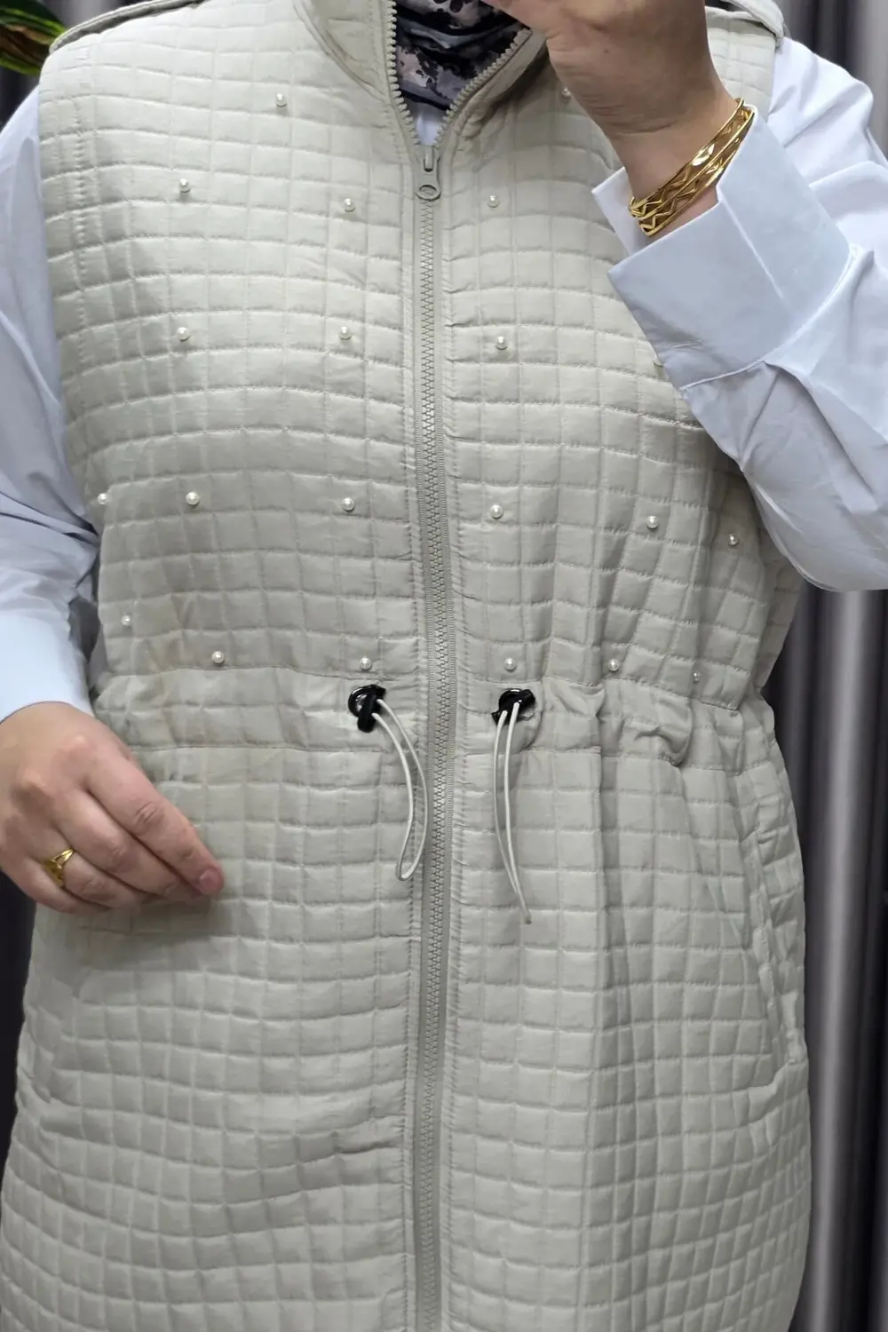 Kadın Giyim Büyük Beden İnci Detay Kapitone Yelek