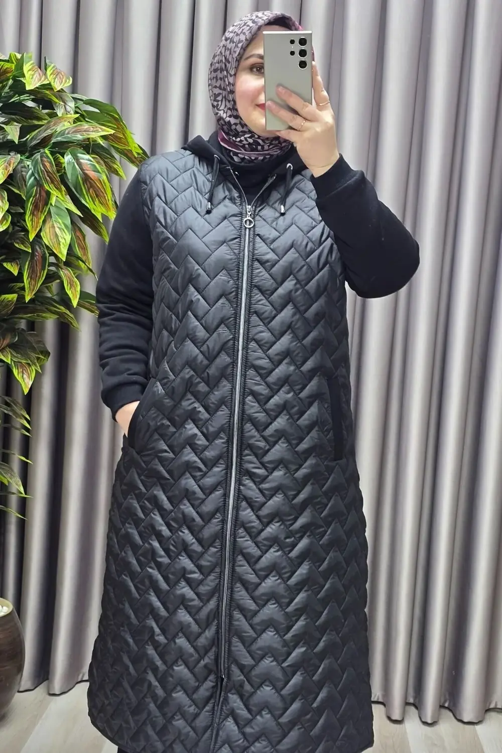 Kadın Giyim Büyük Beden Kapitone Çavuş Desen Kolları Üç İplik Şar