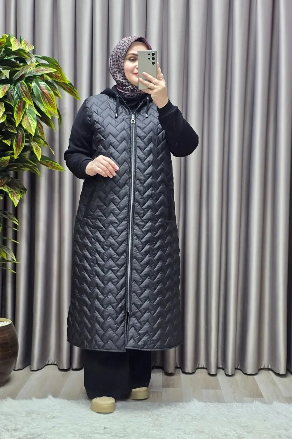 Kadın Giyim Büyük Beden Kapitone Çavuş Desen Kolları Üç İplik Şar