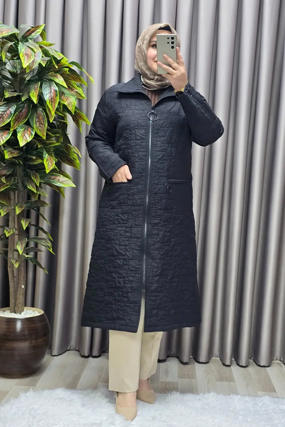 Kadın Giyim Büyük Beden Kapitone Kolu Fermuarlı Kap