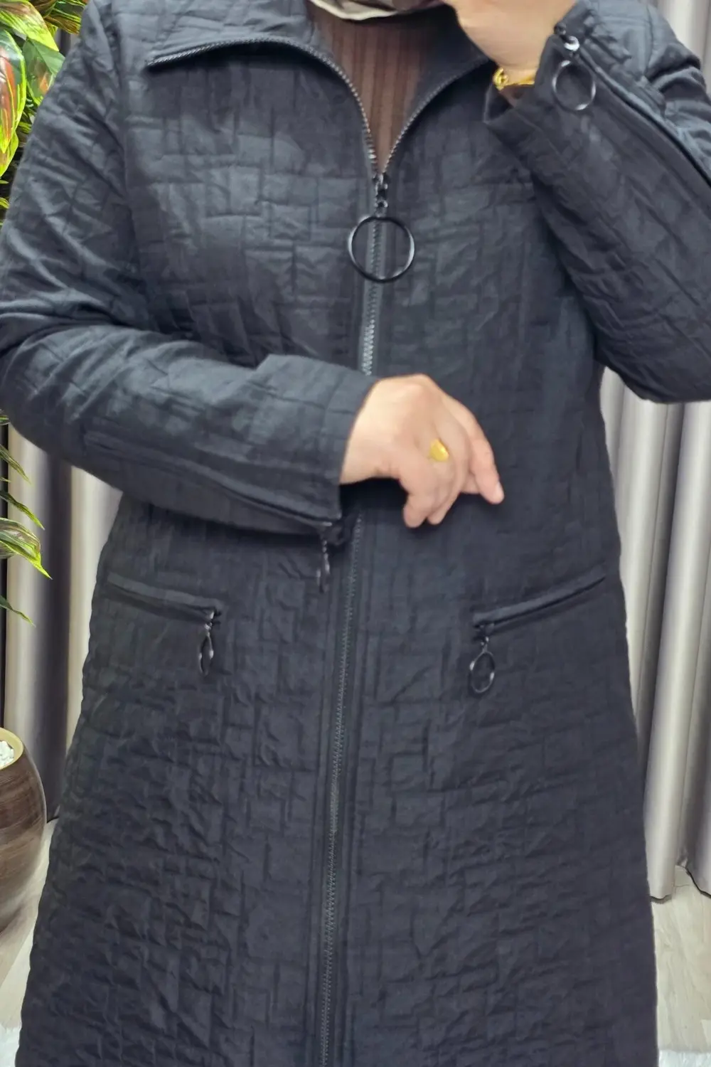 Kadın Giyim Büyük Beden Kapitone Kolu Fermuarlı Kap