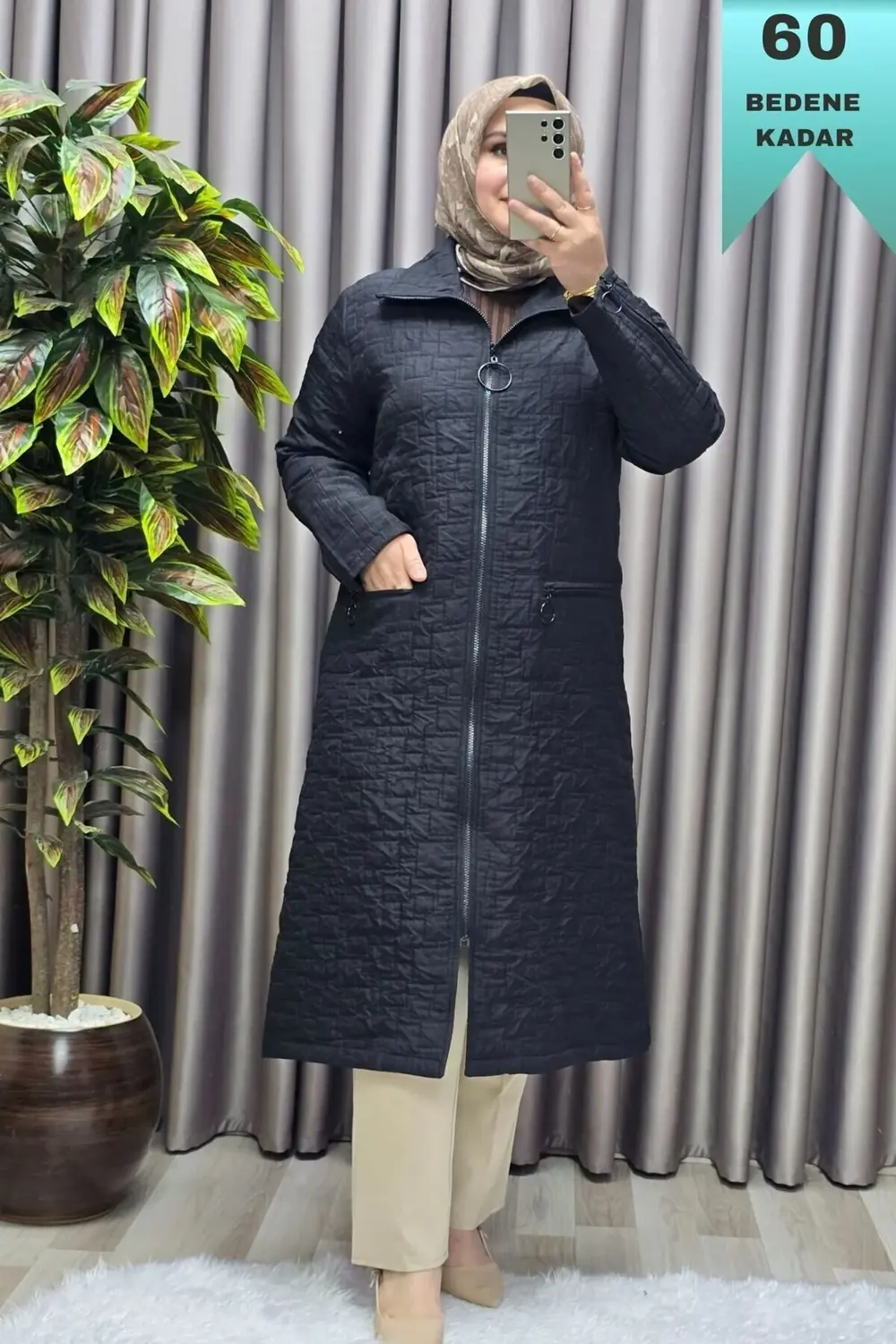 Kadın Giyim Büyük Beden Kapitone Kolu Fermuarlı Kap