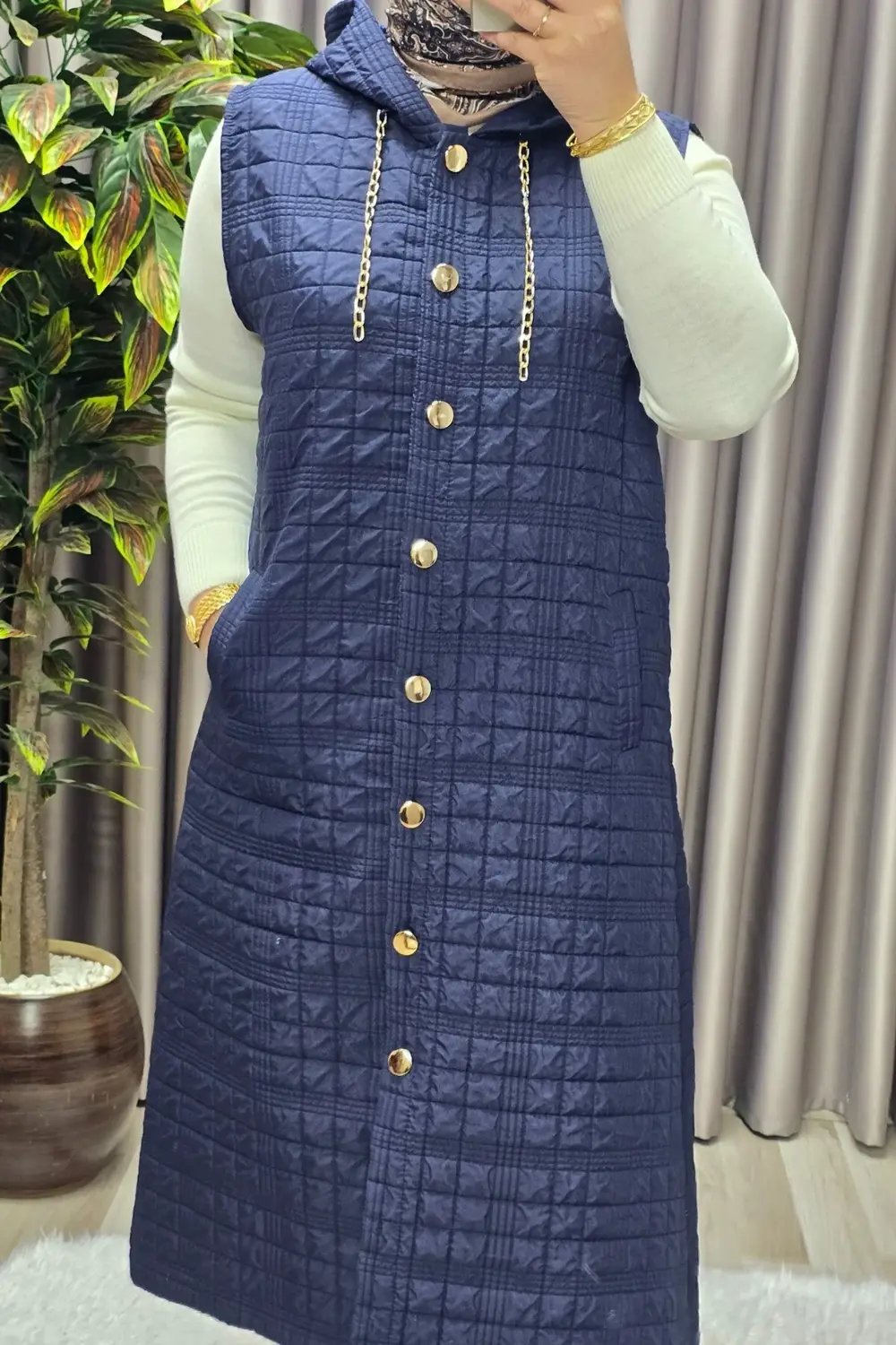 Kadın Giyim Büyük Beden Kapşonlu Astarlı Kare Desen Yelek