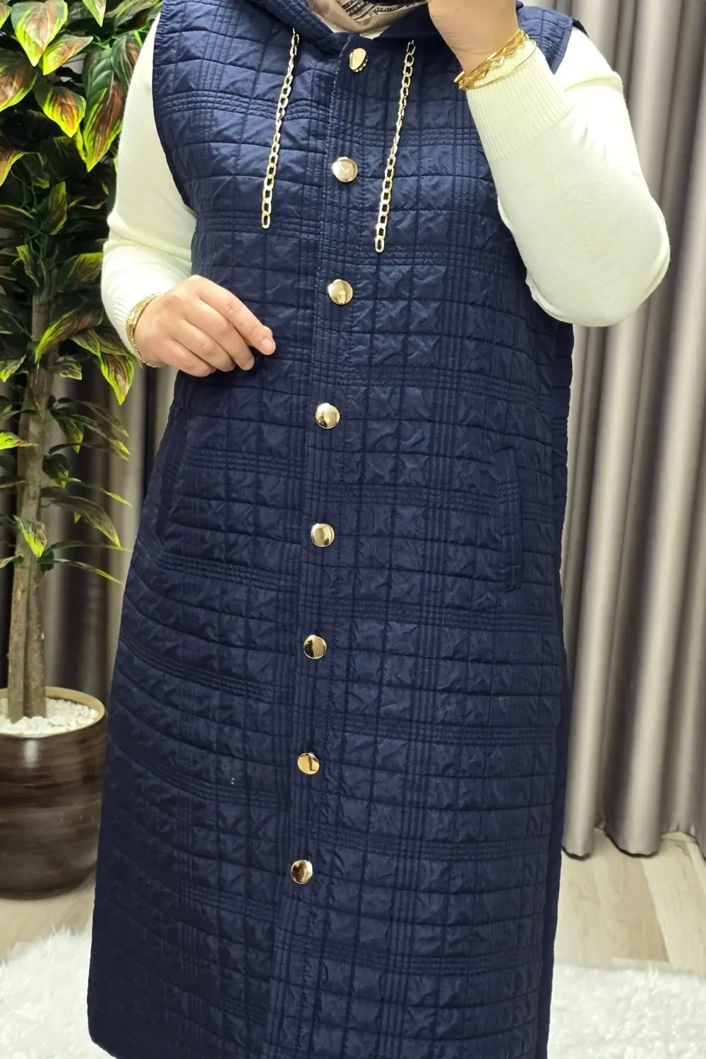 Kadın Giyim Büyük Beden Kapşonlu Astarlı Kare Desen Yelek