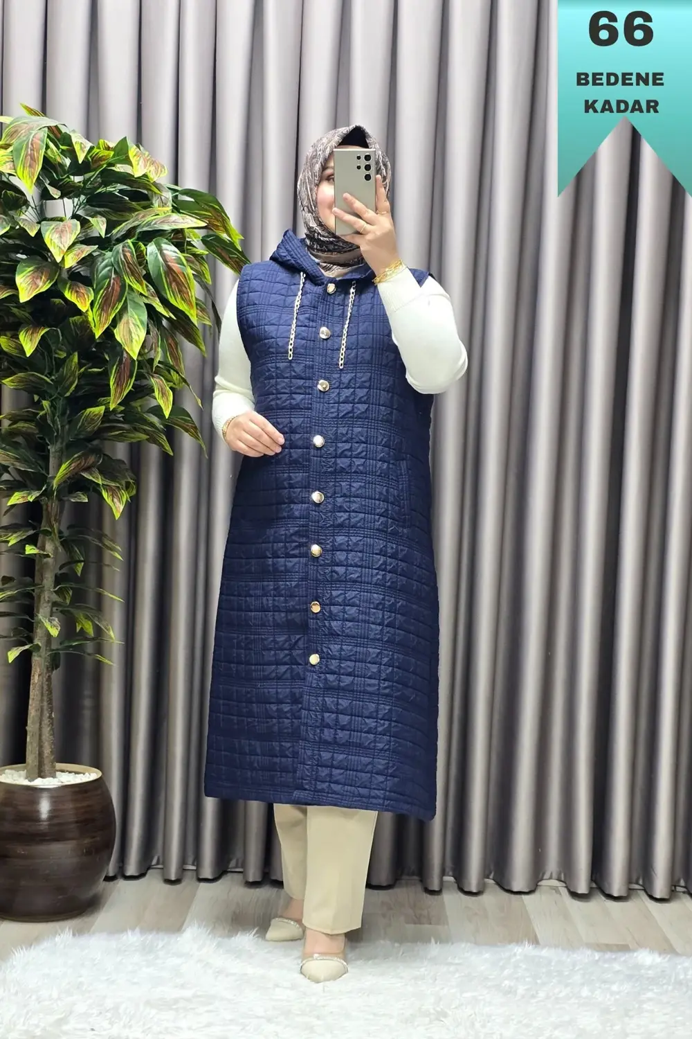 Kadın Giyim Büyük Beden Kapşonlu Astarlı Kare Desen Yelek