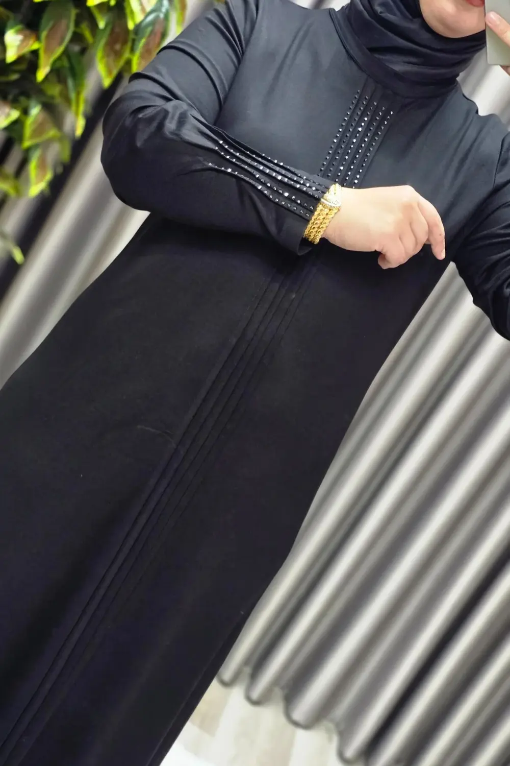 Kadın Giyim Büyük Beden Kolu Nevrür Taşlı Çimalı Elbise